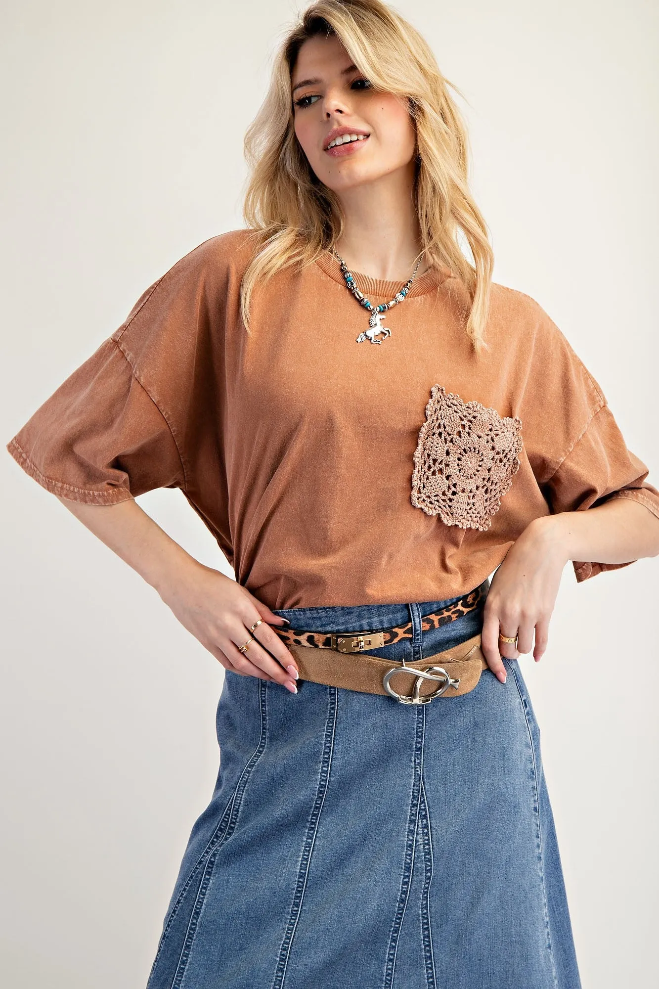 Brown Mineral Wash Crochet Pocket Maternity Top sold by Pinkblush product image thumbnail 3