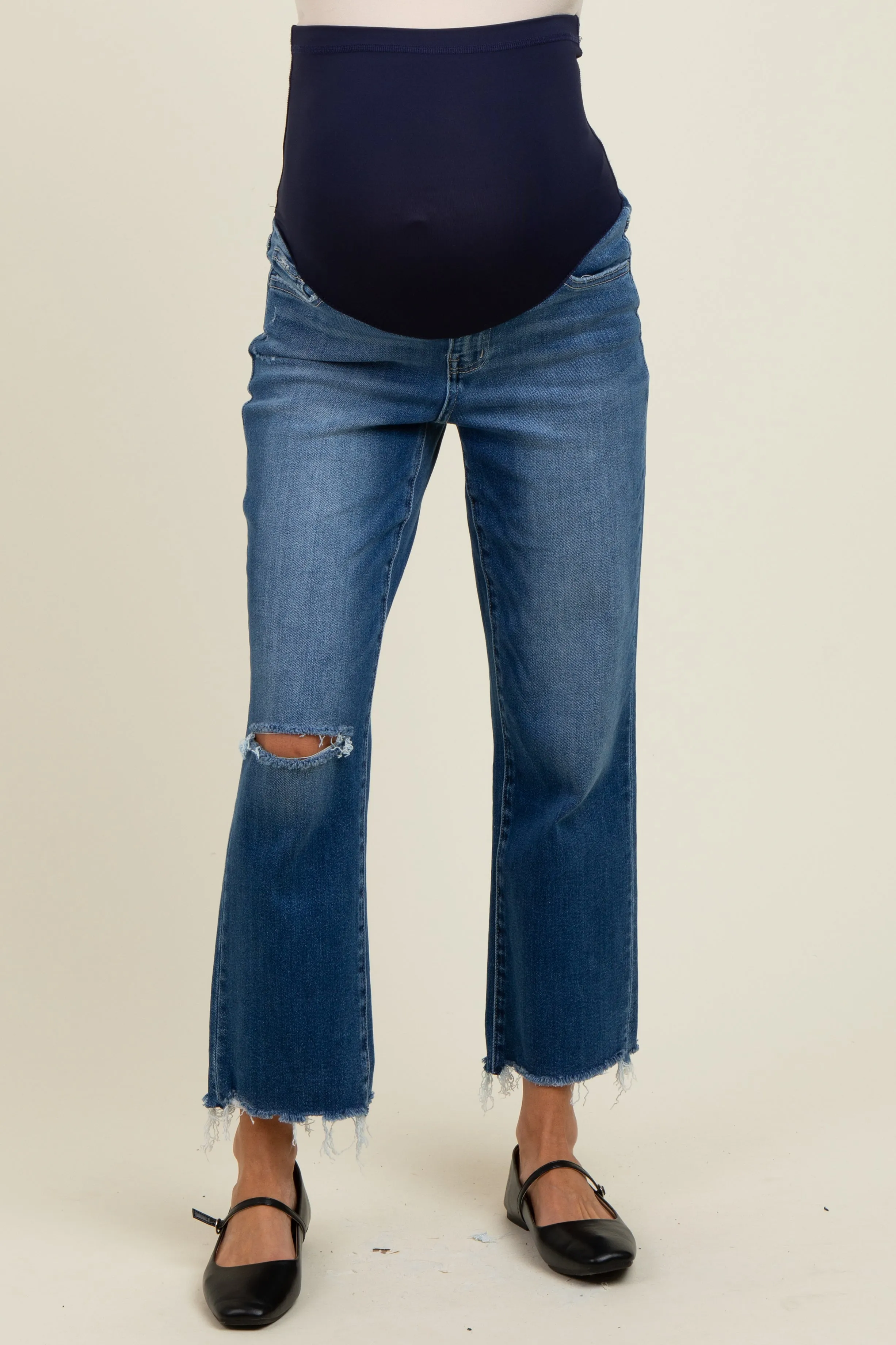 Navy Distressed Open Knee Cropped Straight Leg Maternity Jeans sold by Pinkblush product image thumbnail 3