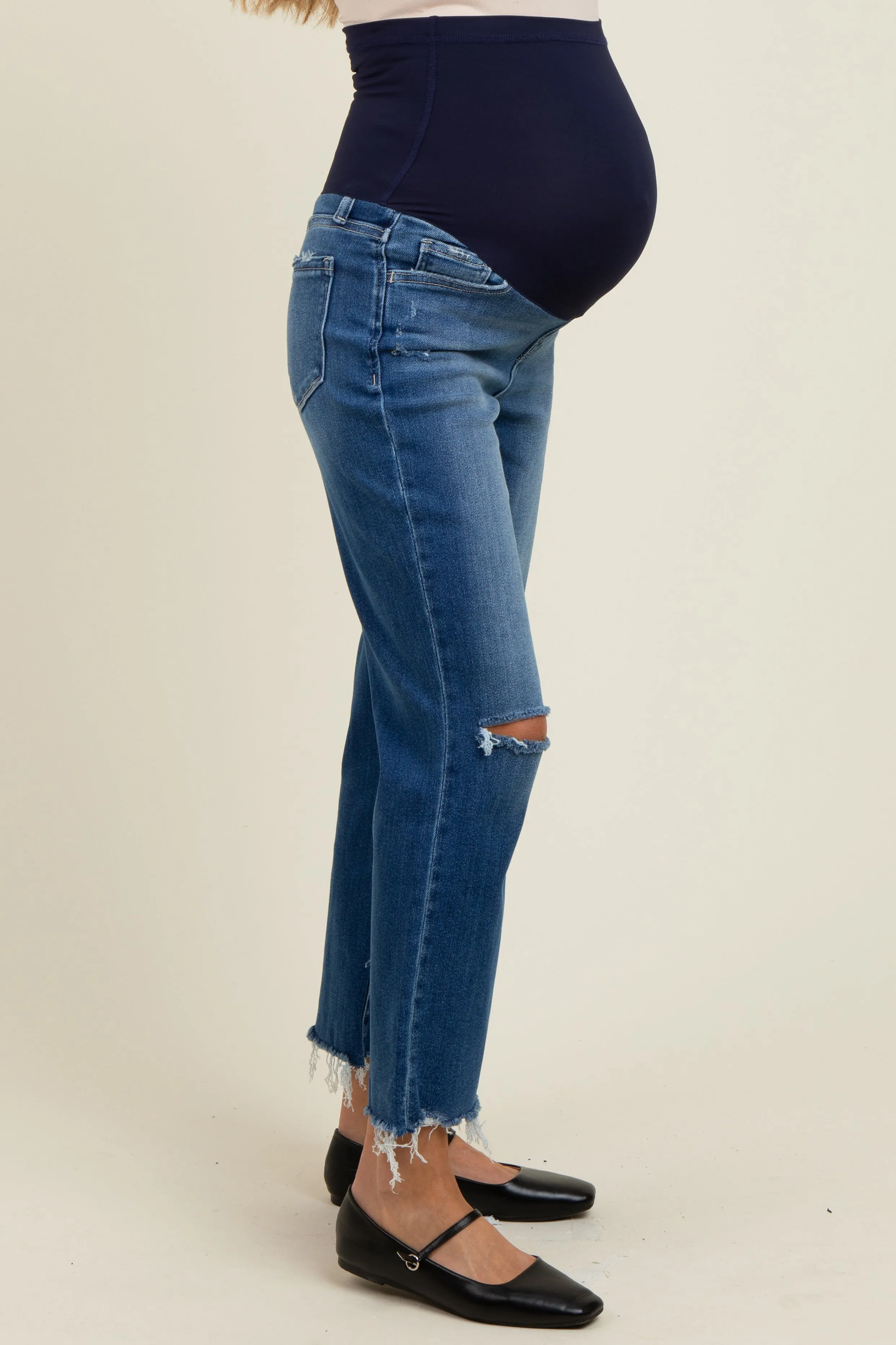 Navy Distressed Open Knee Cropped Straight Leg Maternity Jeans sold by Pinkblush product image thumbnail 4