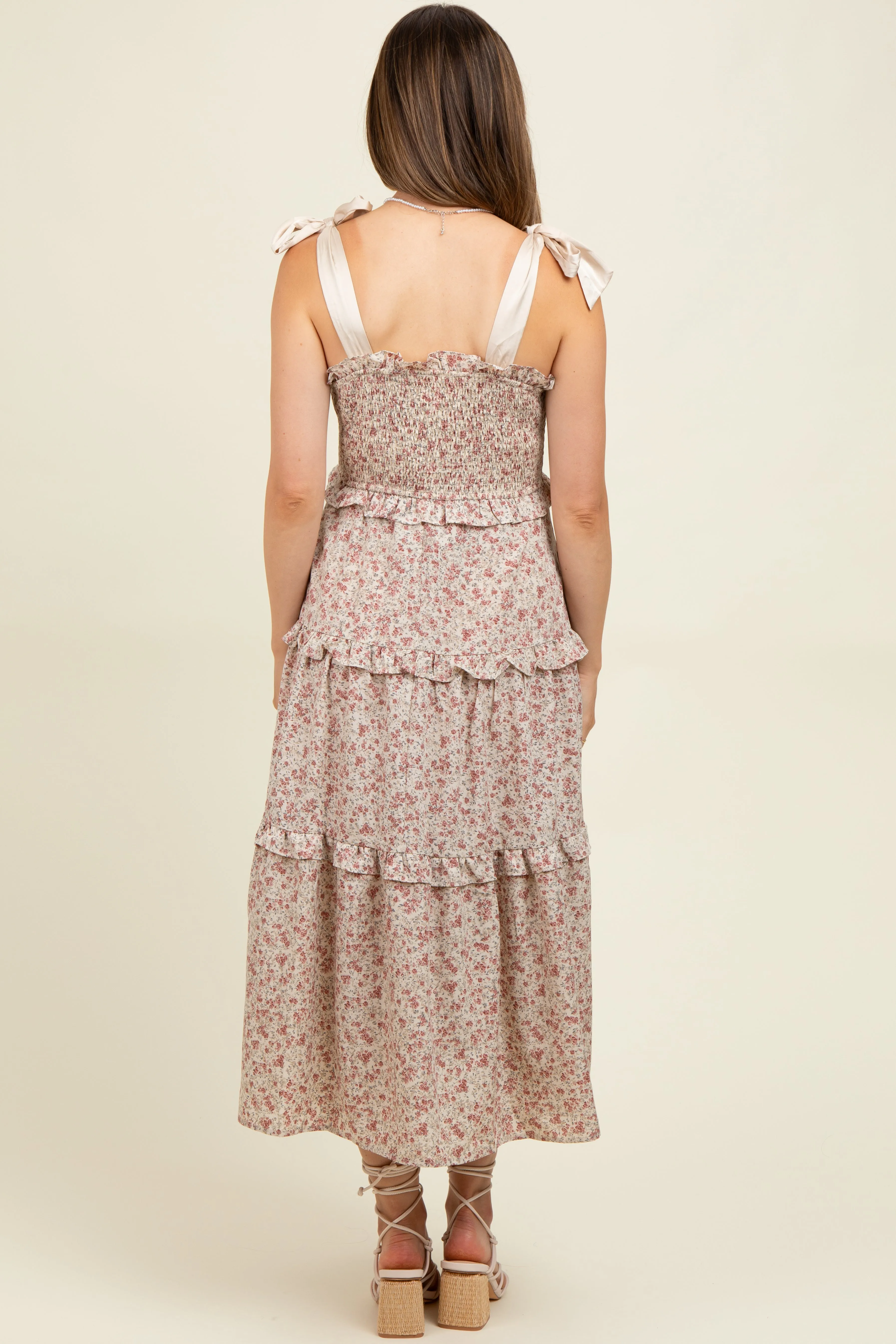 Cream Tie Shoulder Detail Floral Maternity Midi Dress sold by Pinkblush product image thumbnail 4