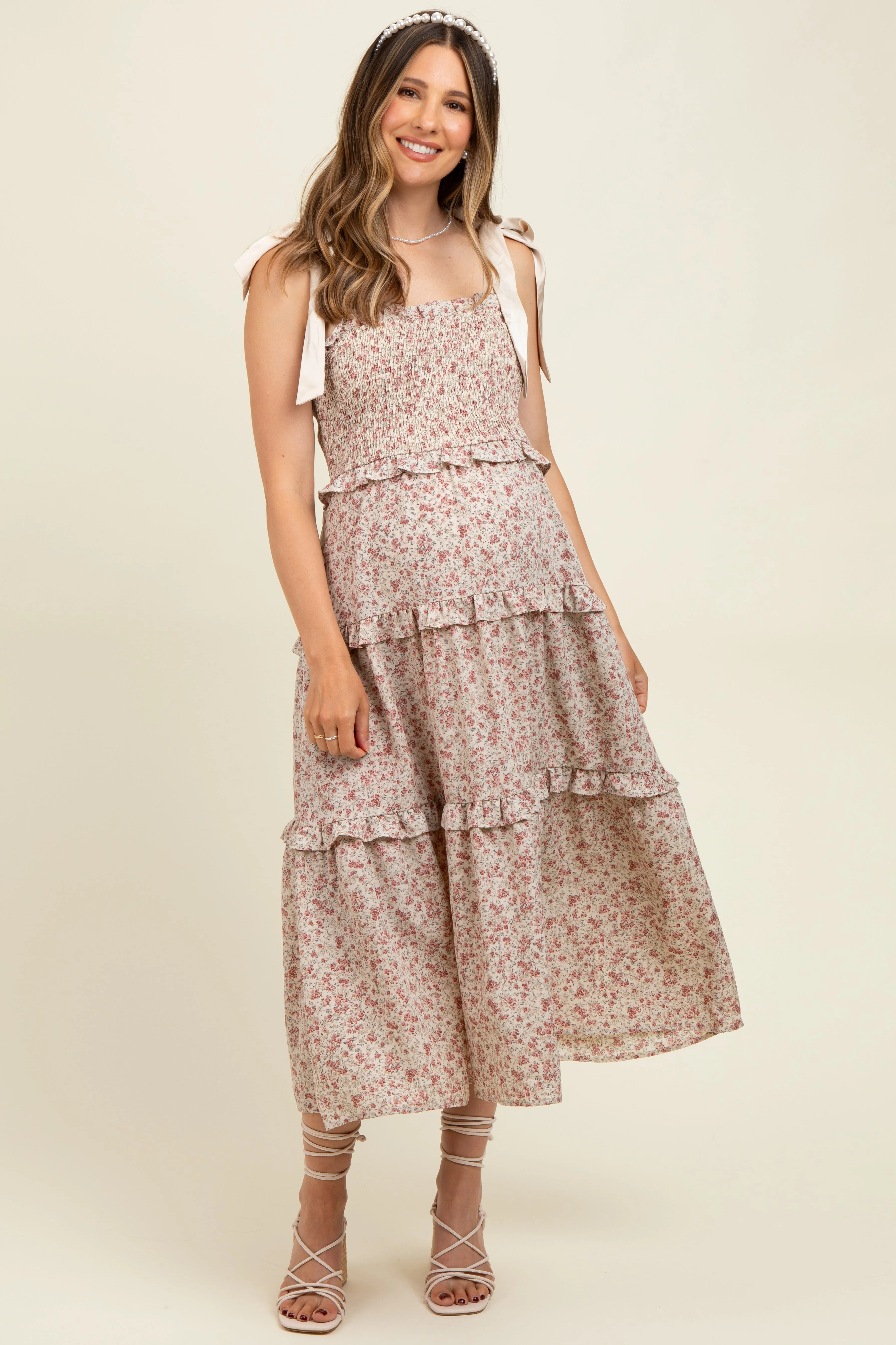 Cream Tie Shoulder Detail Floral Maternity Midi Dress sold by Pinkblush