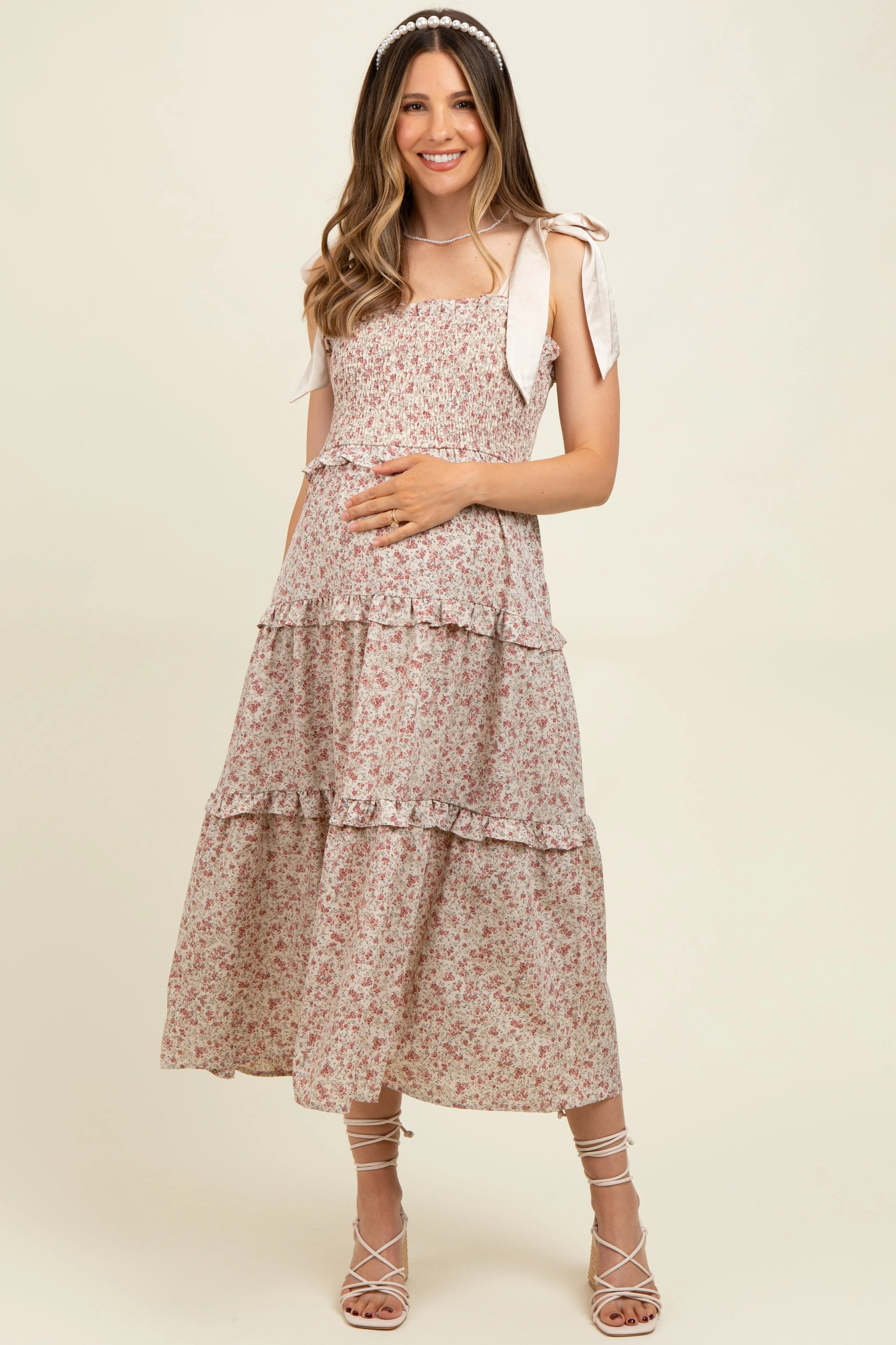 Cream Tie Shoulder Detail Floral Maternity Midi Dress sold by Pinkblush product image thumbnail 2