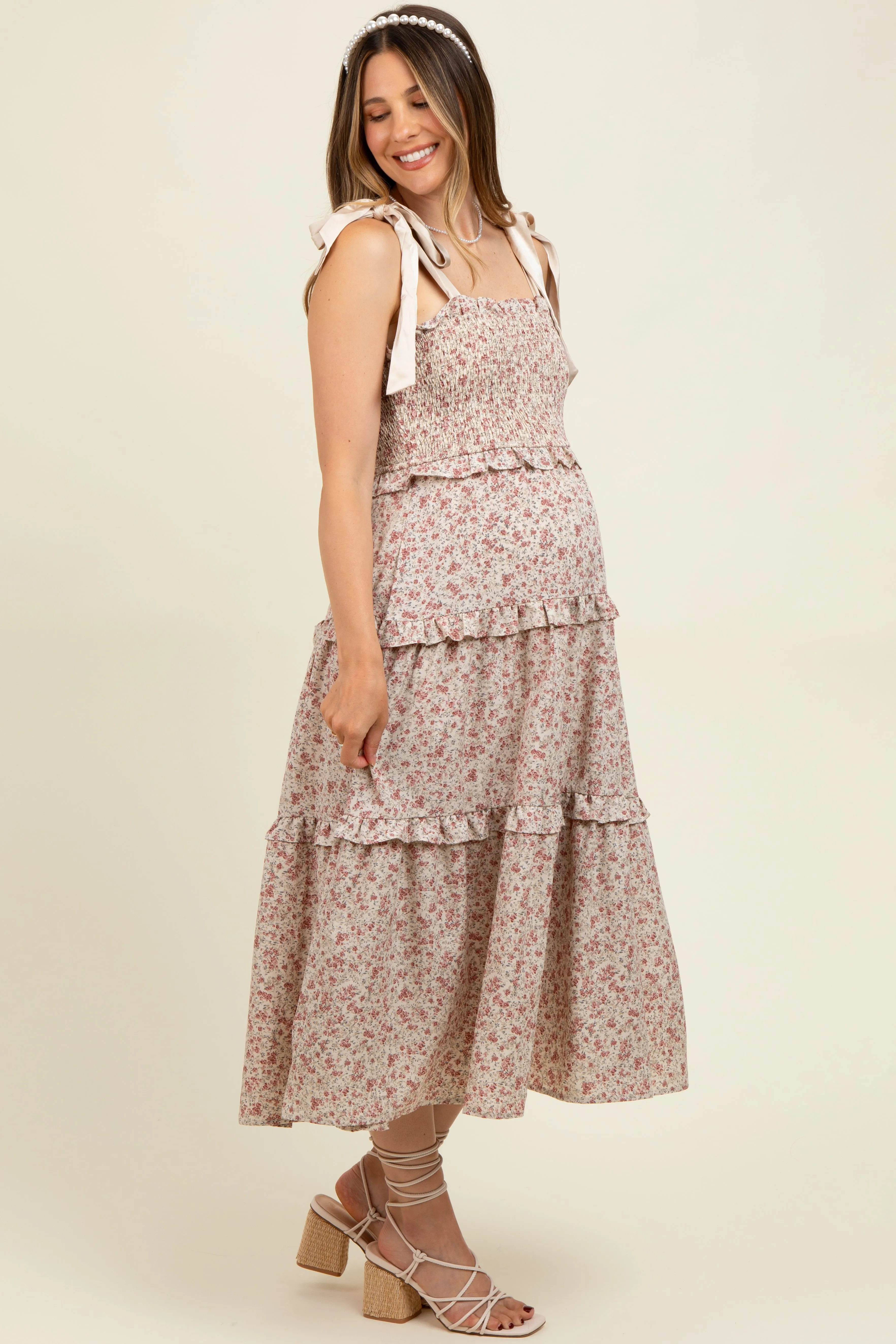 Cream Tie Shoulder Detail Floral Maternity Midi Dress sold by Pinkblush product image thumbnail 3