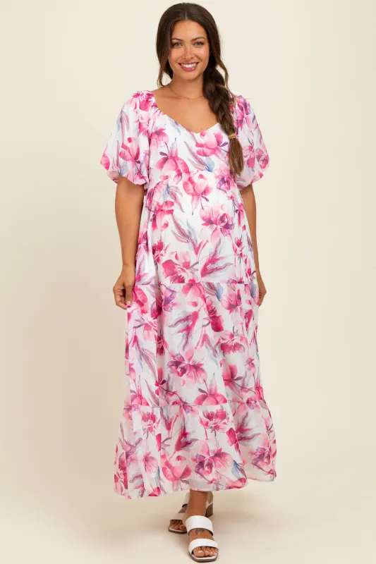 Pink Floral Chiffon Puff Sleeve Maternity Midi Dress sold by Pinkblush