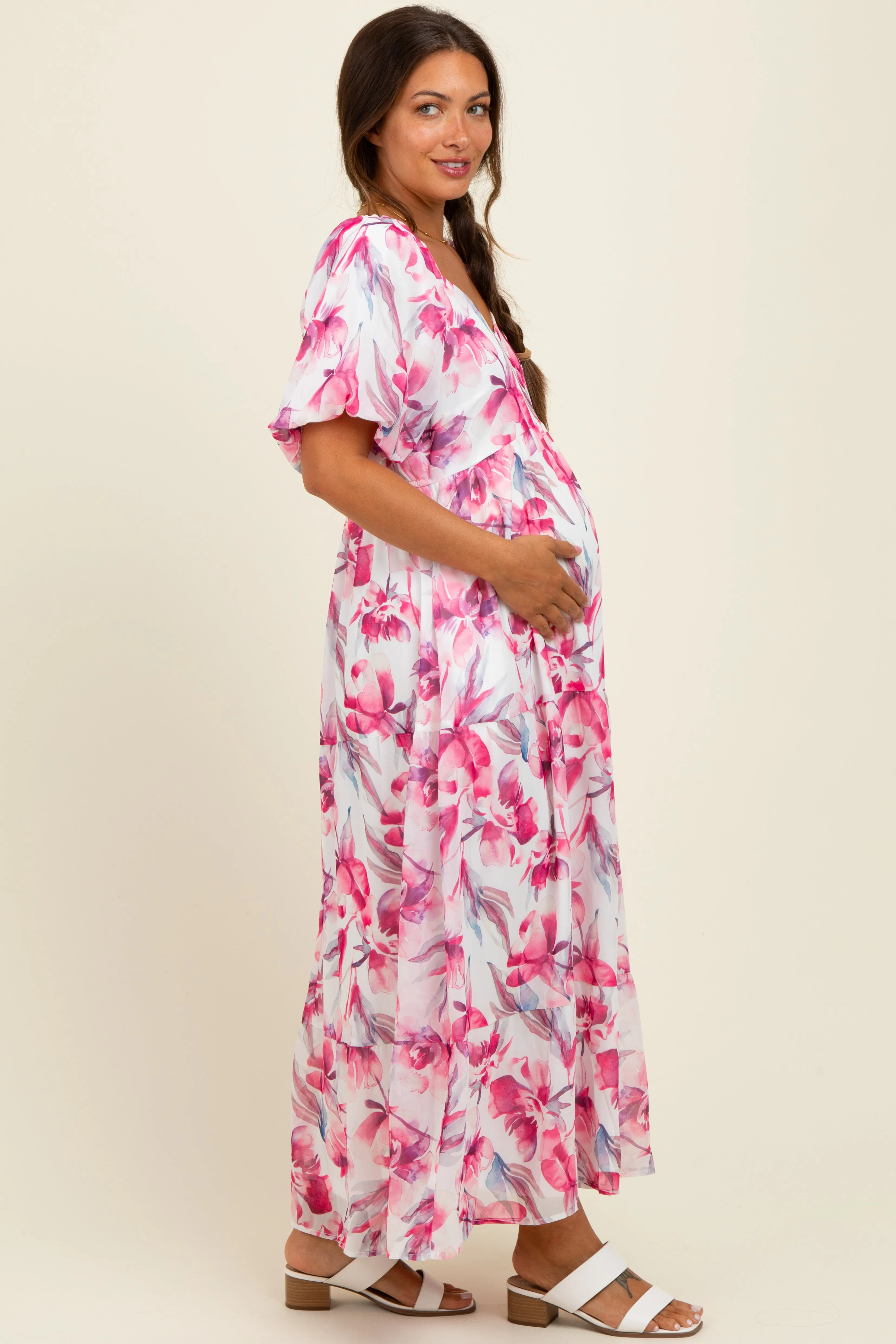 Pink Floral Chiffon Puff Sleeve Maternity Midi Dress sold by Pinkblush product image thumbnail 2