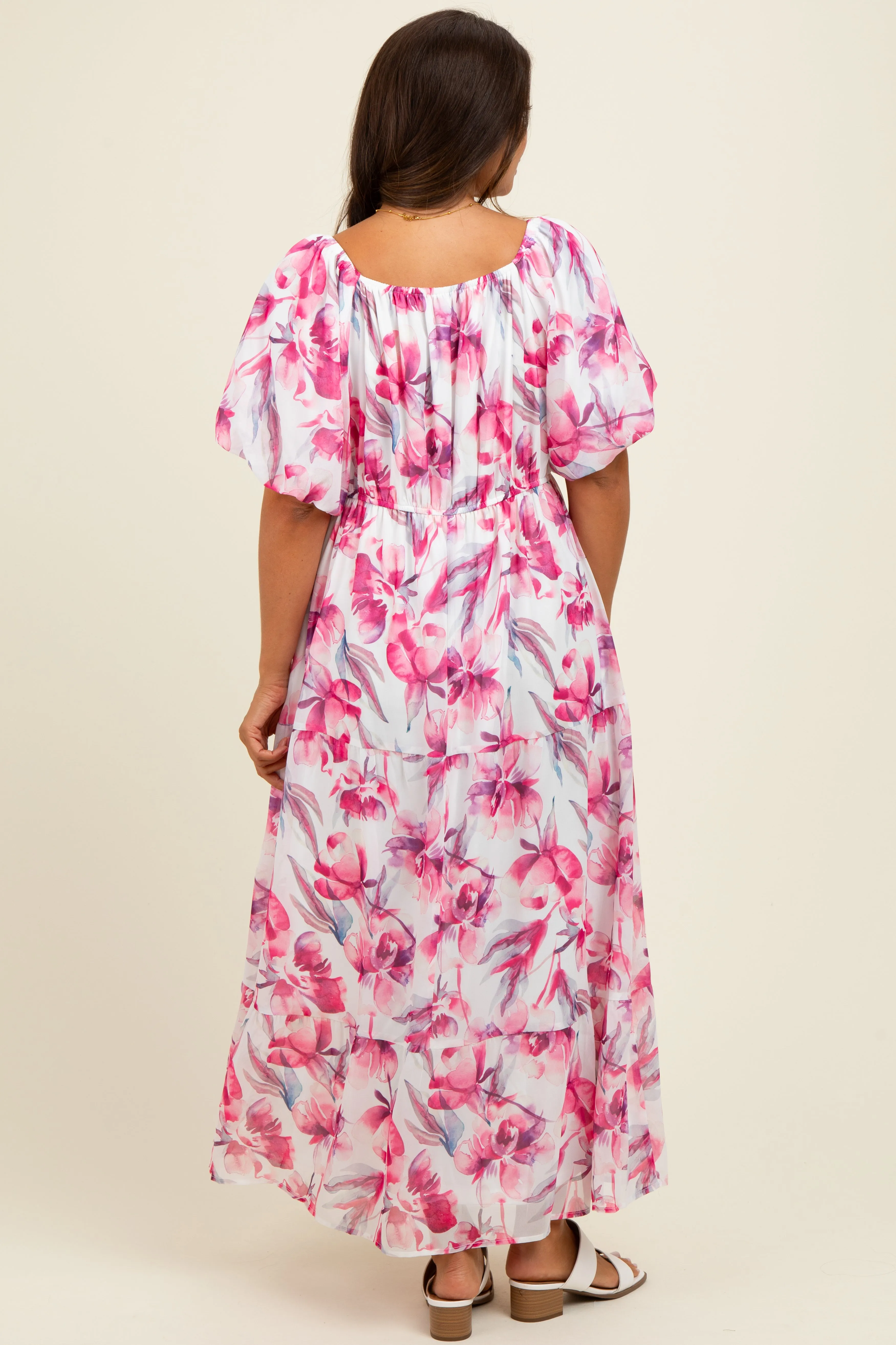 Pink Floral Chiffon Puff Sleeve Maternity Midi Dress sold by Pinkblush product image thumbnail 3