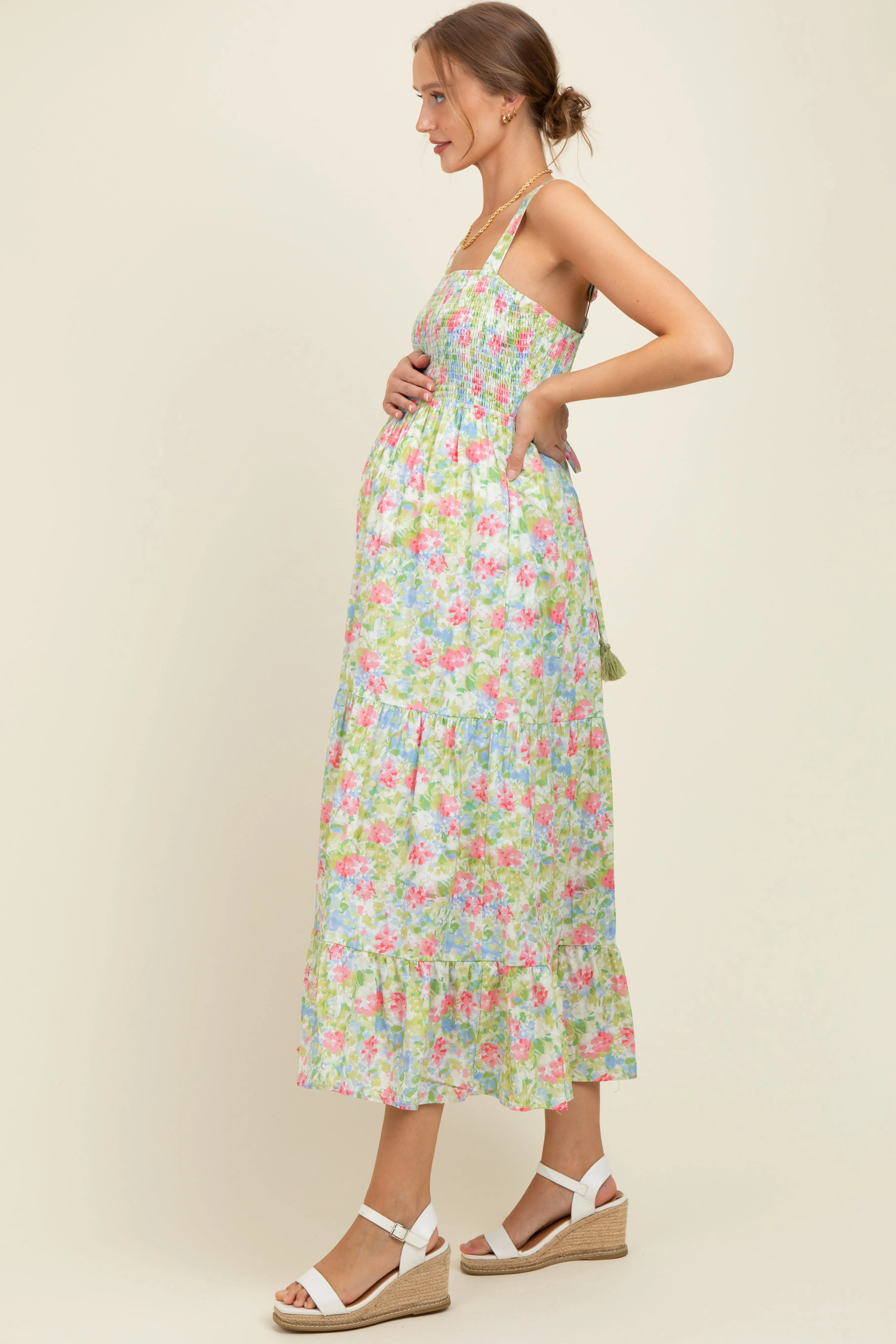 Multi Color Smocked Cotton Floral Sleeveless Maternity Maxi Dress sold by Pinkblush product image thumbnail 2