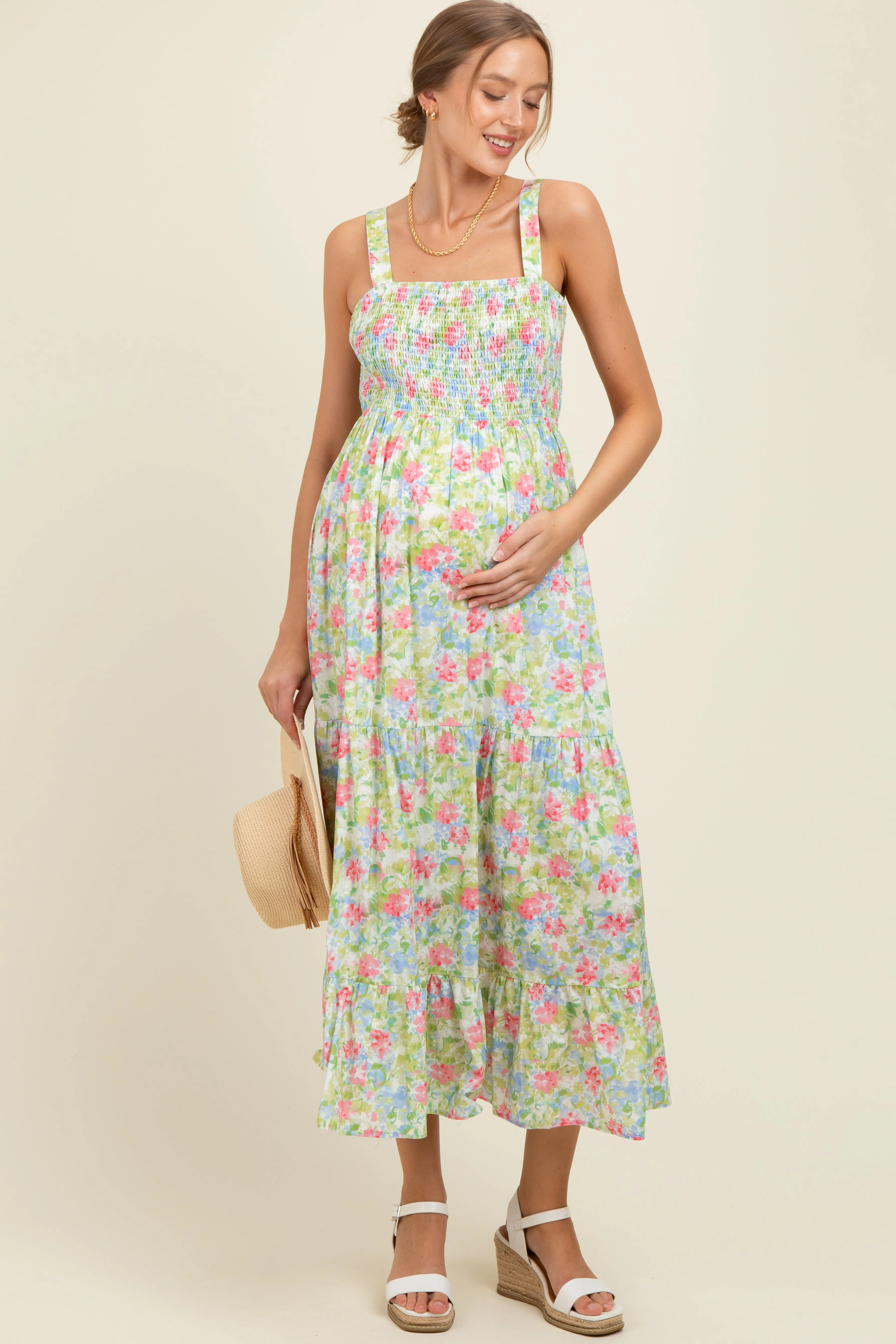 Multi Color Smocked Cotton Floral Sleeveless Maternity Maxi Dress sold by Pinkblush