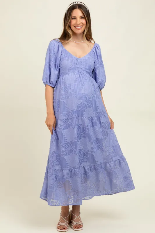 Blue Leaf Textured Tiered Midi Maternity Dress sold by Pinkblush