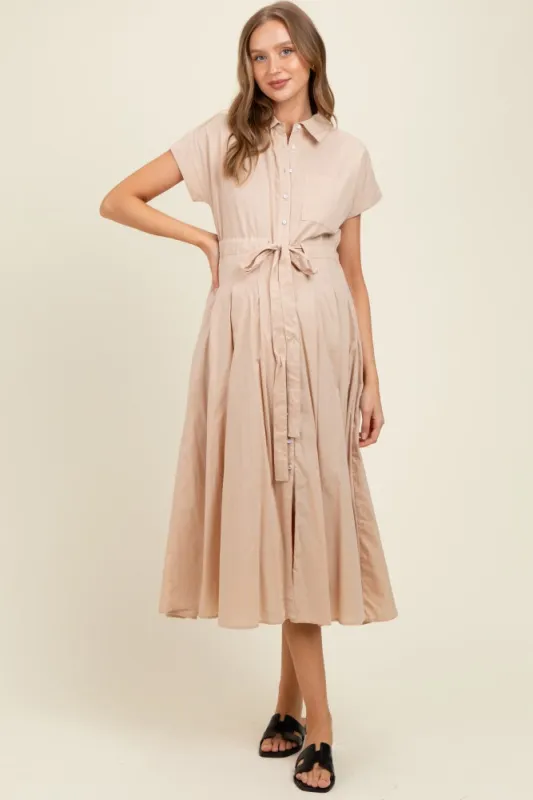 Beige Button Down Shirt Maternity Maxi Dress sold by Pinkblush