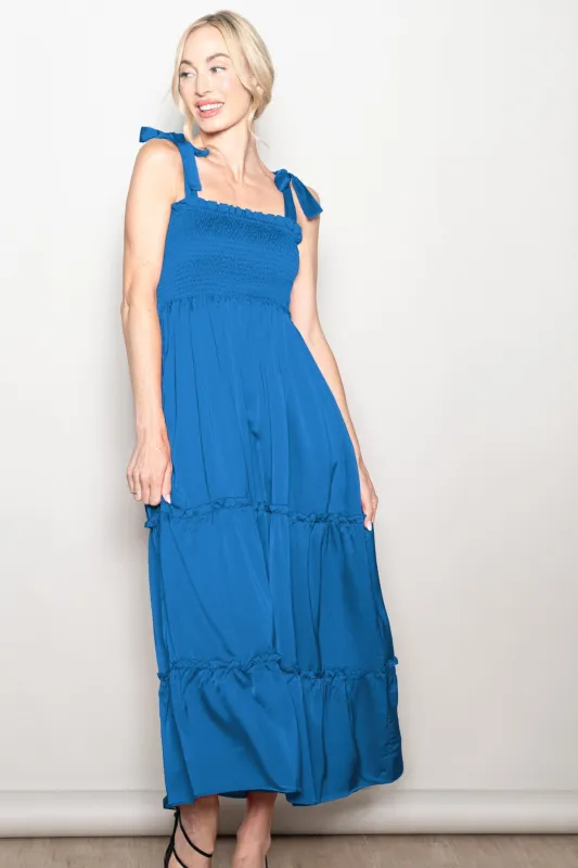 Blue Satin Smocked Maxi Dress sold by Pinkblush