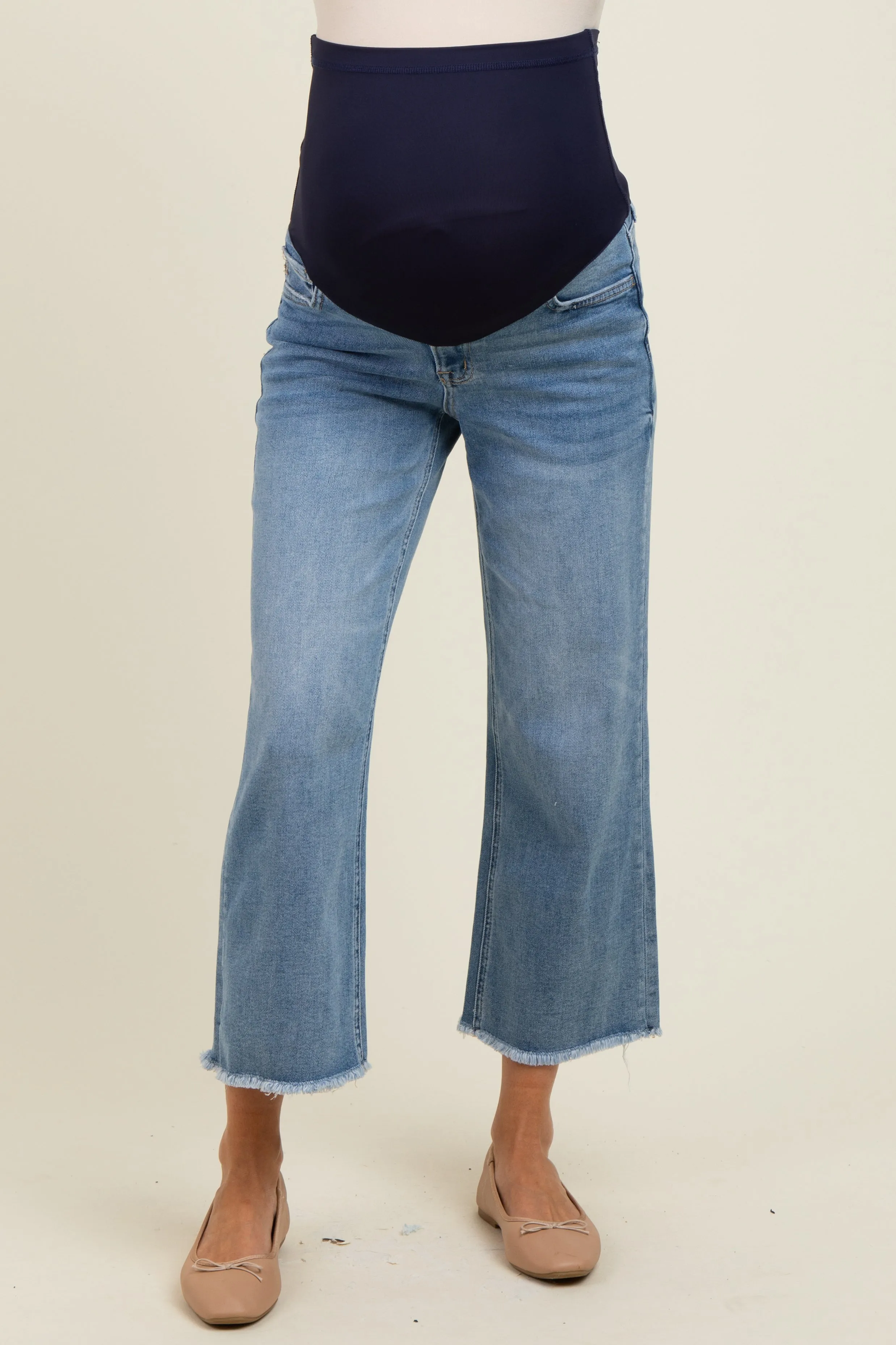 Blue Raw Hem Cropped Slim Wide Leg Maternity Jeans sold by Pinkblush product image thumbnail 3