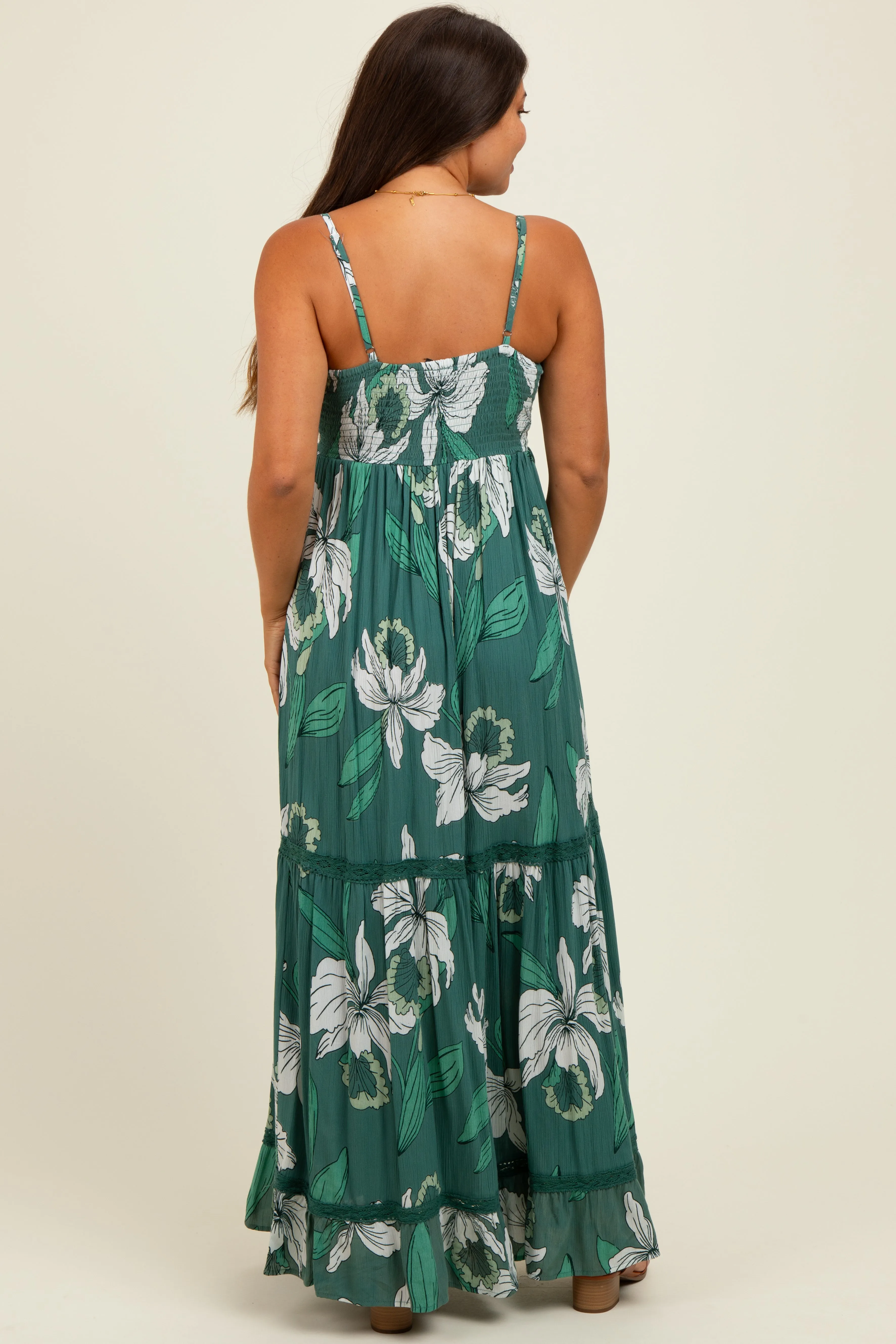 Green Floral V-Neck Smocked Lace Trim Maternity Maxi Dress sold by Pinkblush product image thumbnail 3