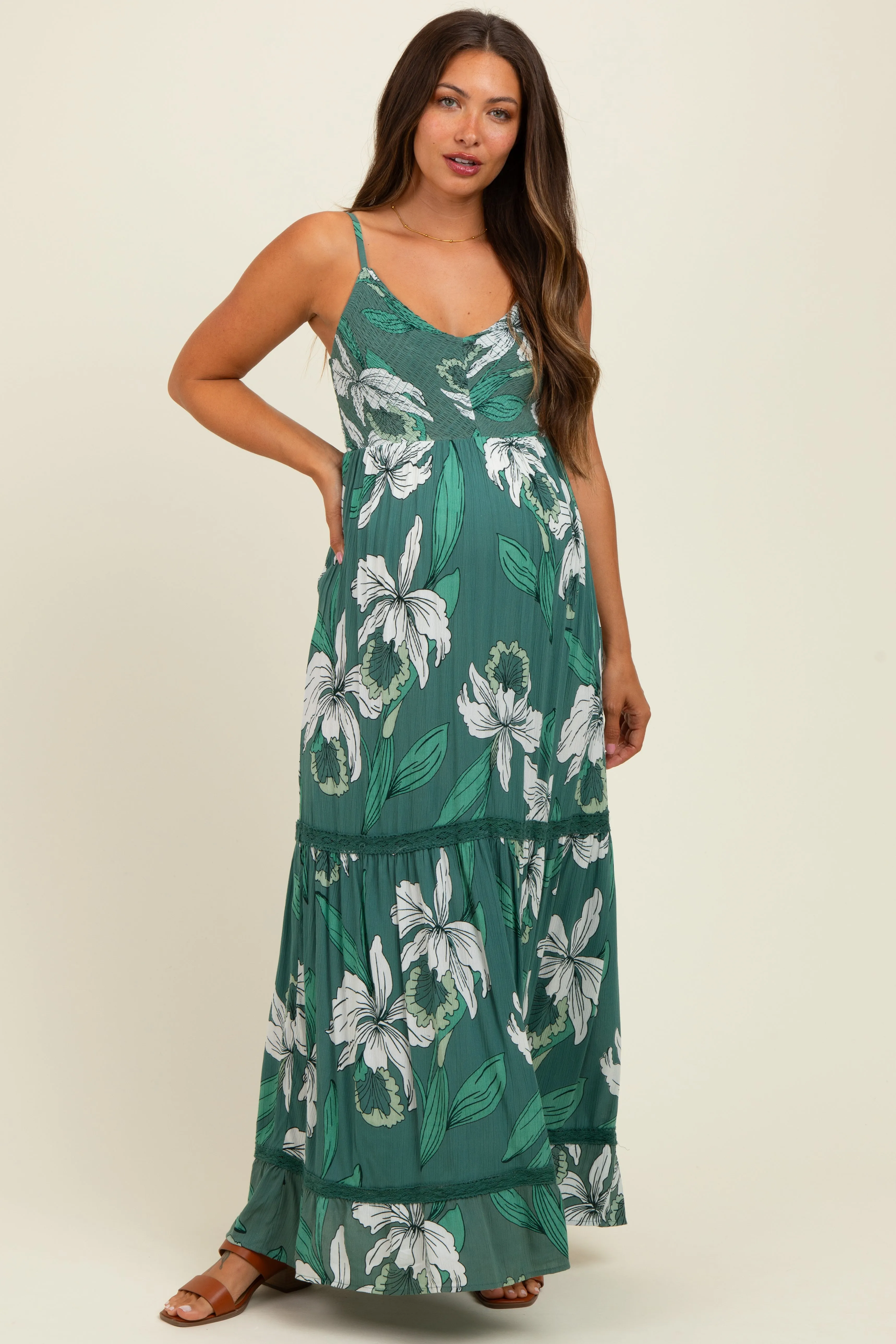 Green Floral V-Neck Smocked Lace Trim Maternity Maxi Dress sold by Pinkblush