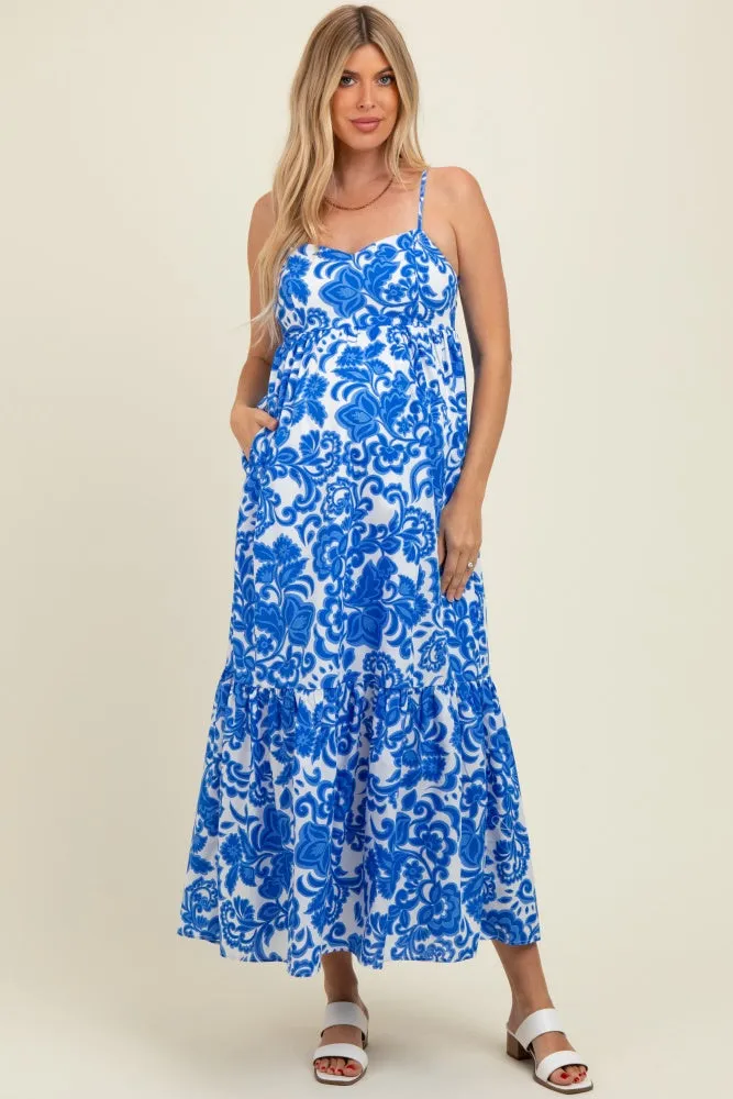 Blue Floral Flowy Ruffle Hem Maternity Maxi Dress sold by Pinkblush