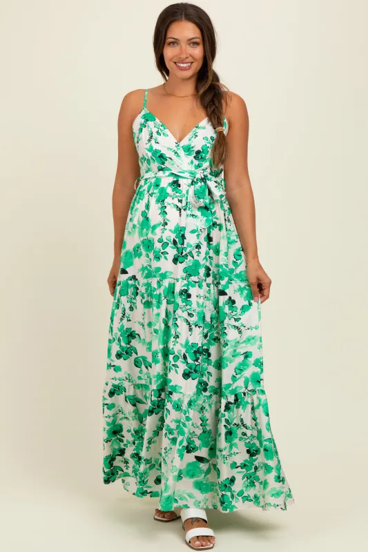 Green Floral Tiered Sleeveless Sash Tie Maternity Maxi Dress sold by Pinkblush