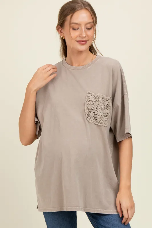 Taupe Mineral Wash Crochet Pocket Maternity Top sold by Pinkblush