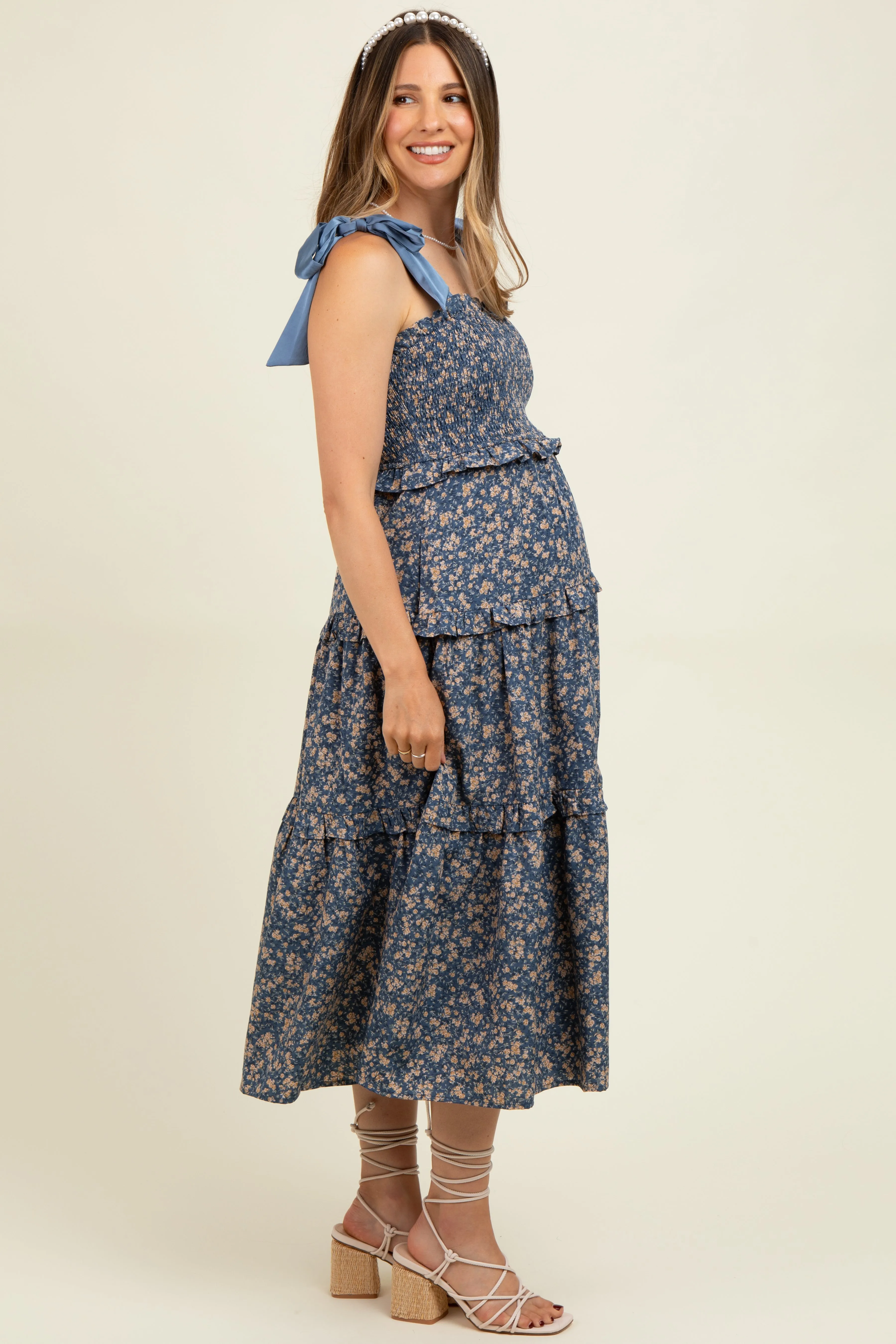 Navy Tie Shoulder Detail Floral Maternity Midi Dress sold by Pinkblush product image thumbnail 3