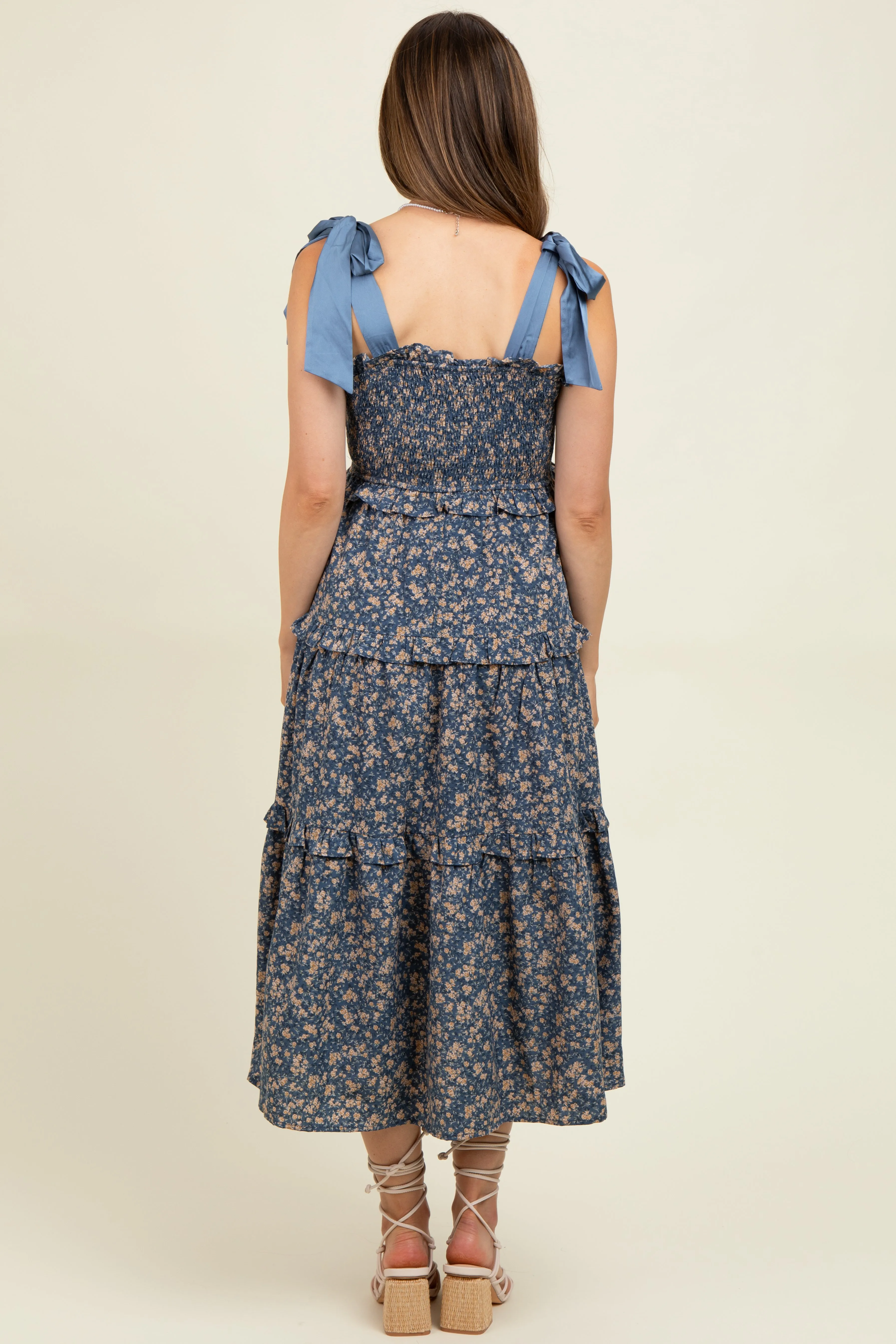 Navy Tie Shoulder Detail Floral Maternity Midi Dress sold by Pinkblush product image thumbnail 4