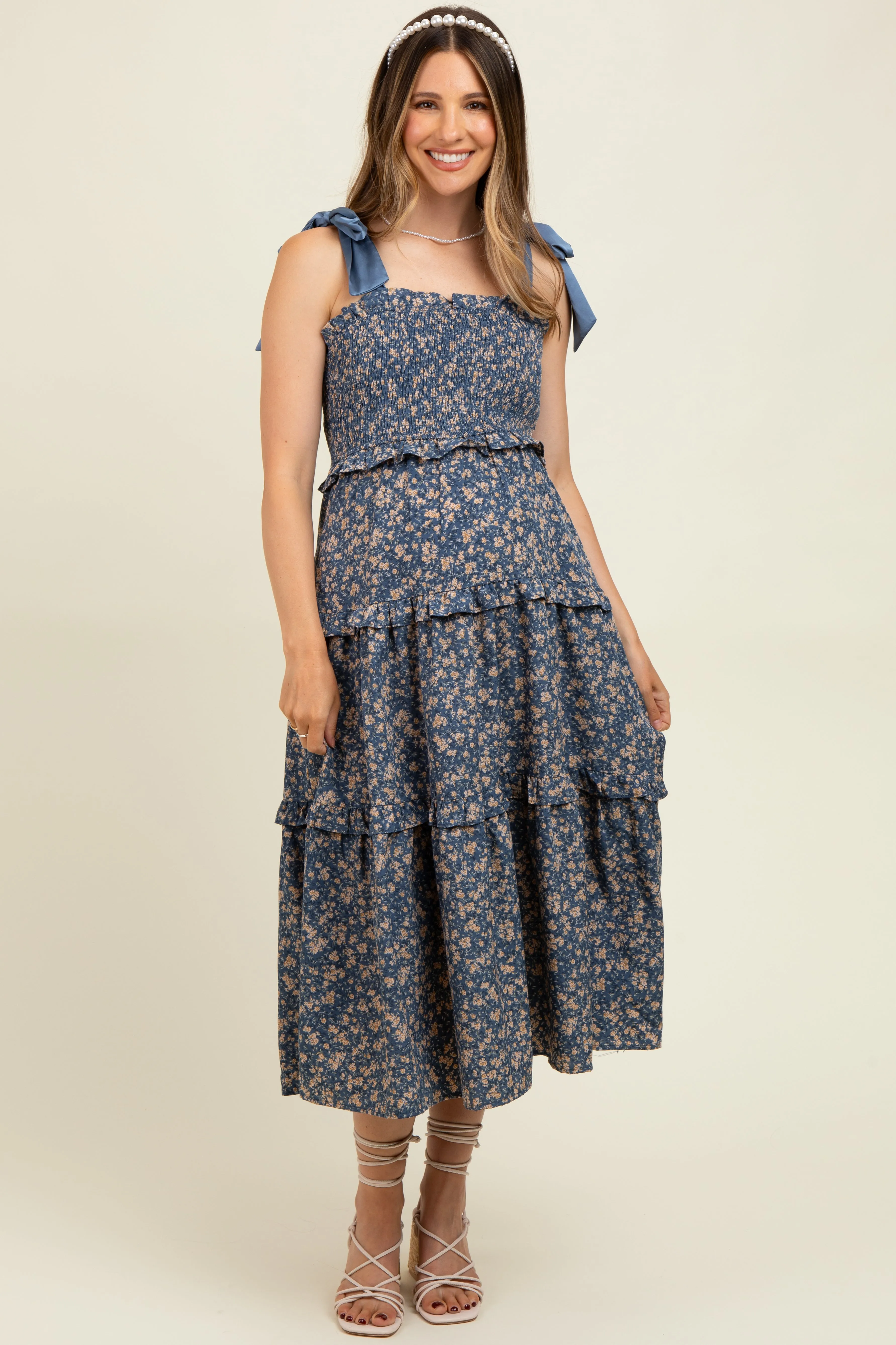 Navy Tie Shoulder Detail Floral Maternity Midi Dress sold by Pinkblush