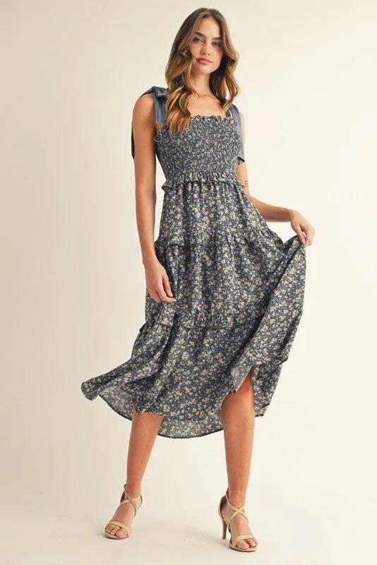 Navy Tie Shoulder Detail Floral Maternity Midi Dress sold by Pinkblush product image thumbnail 5