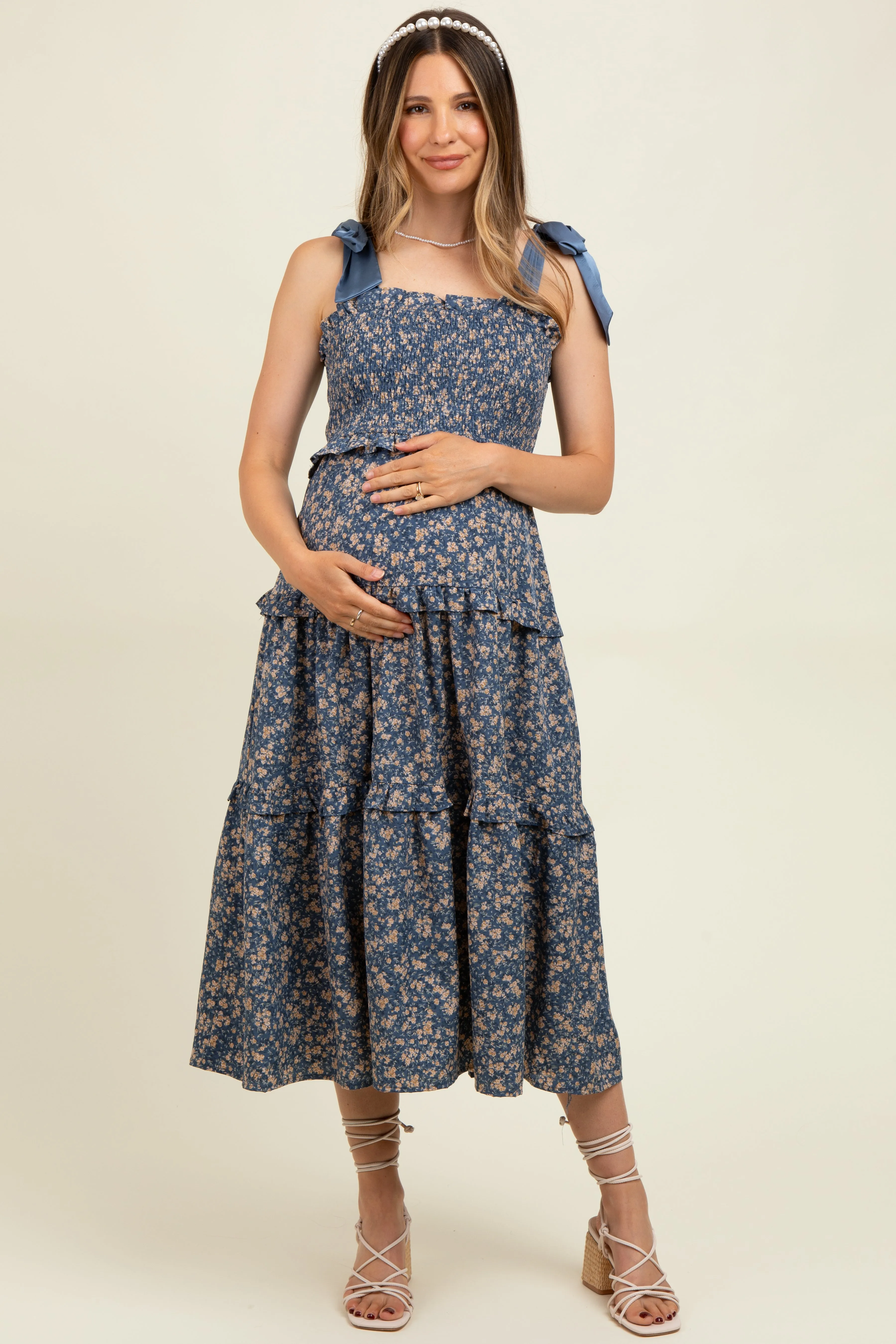 Navy Tie Shoulder Detail Floral Maternity Midi Dress sold by Pinkblush product image thumbnail 2
