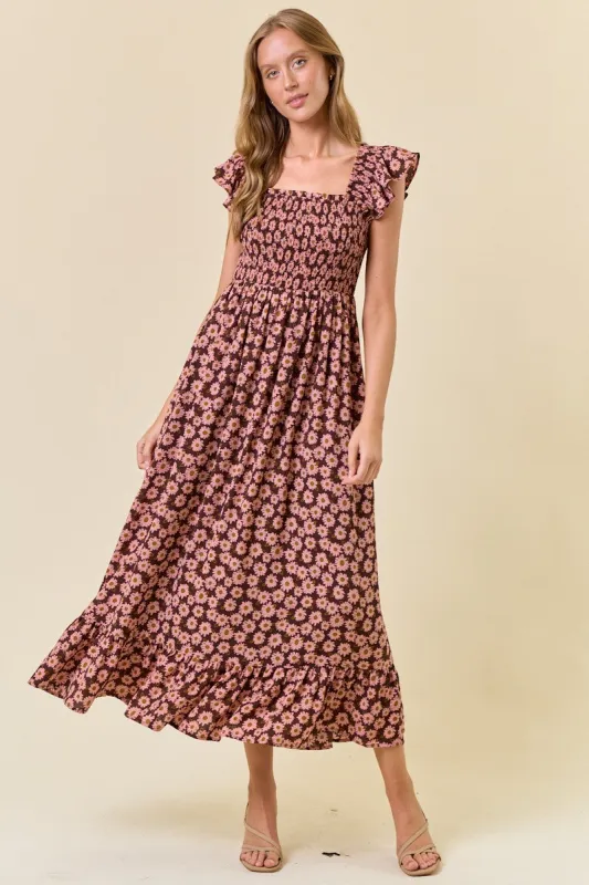 Brown Floral Smocked Midi Dress sold by Pinkblush