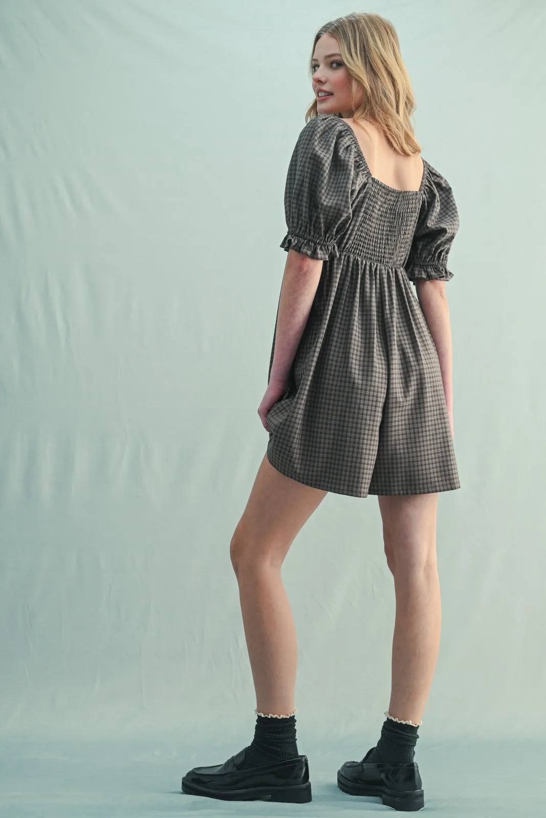 Mocha Plaid Square Neck Puff Sleeve Romper sold by Pinkblush product image thumbnail 4