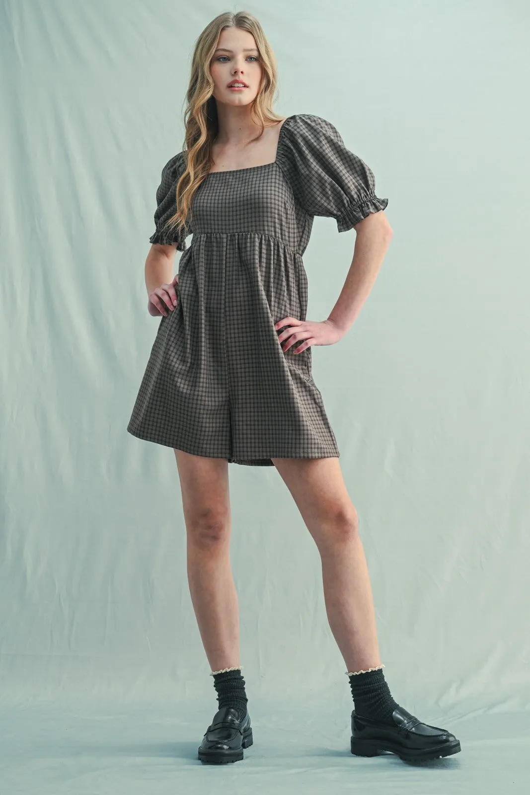 Mocha Plaid Square Neck Puff Sleeve Romper sold by Pinkblush product image thumbnail 2