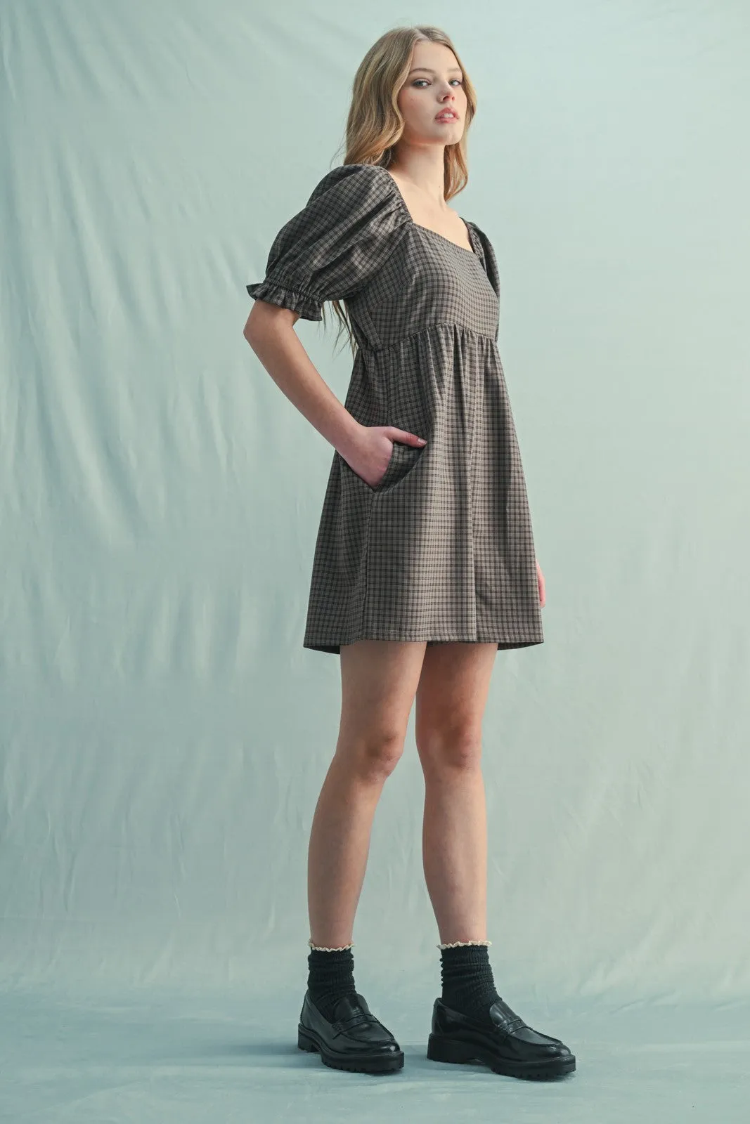 Mocha Plaid Square Neck Puff Sleeve Romper sold by Pinkblush product image thumbnail 3