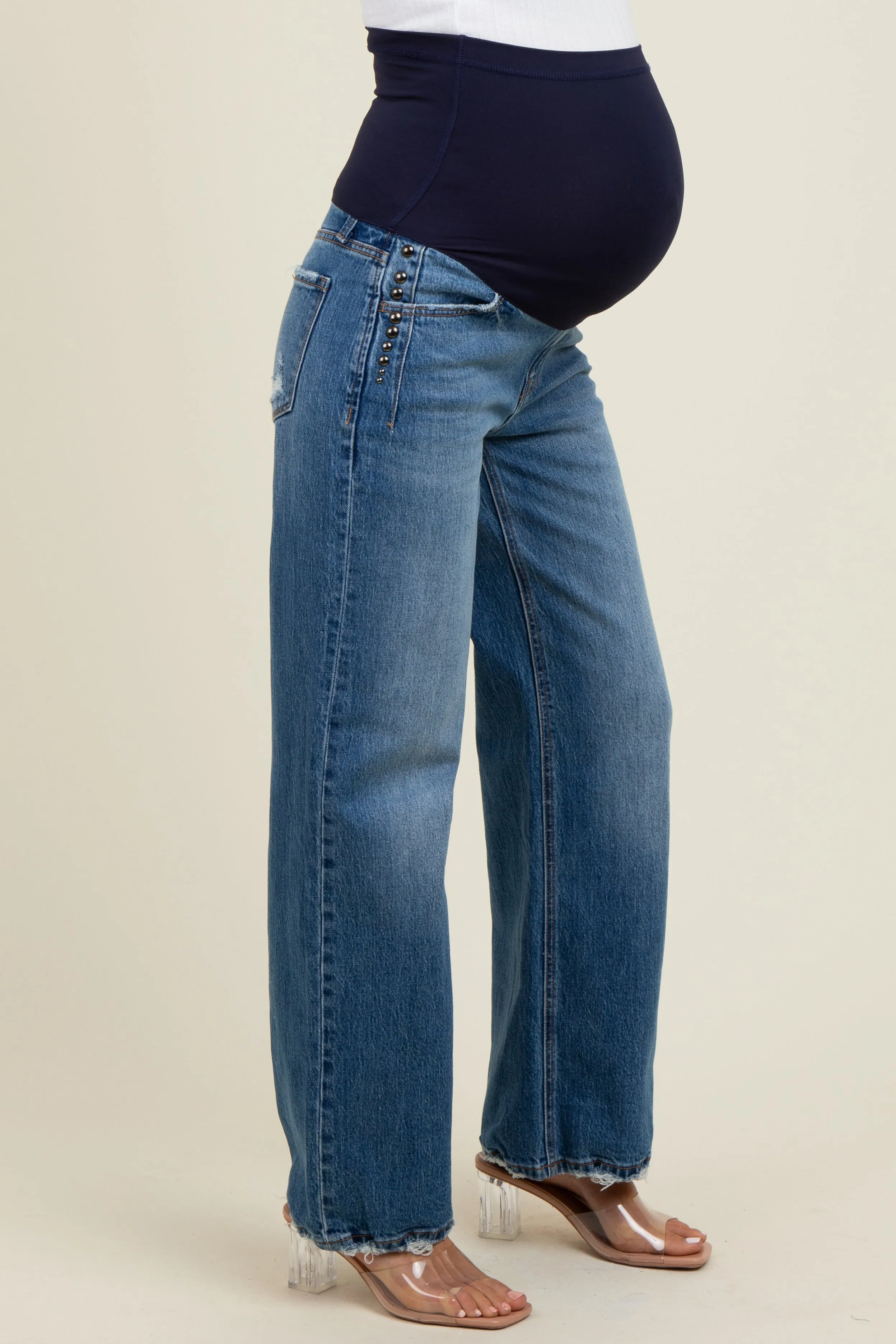 Navy Blue Stud Side Detail Maternity Wide Leg Jeans sold by Pinkblush product image thumbnail 4