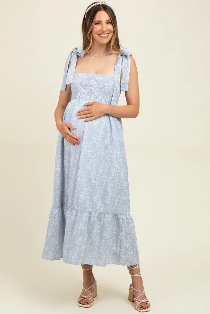 Blue Floral Smocked Shoulder Tie Maternity Midi Dress sold by Pinkblush