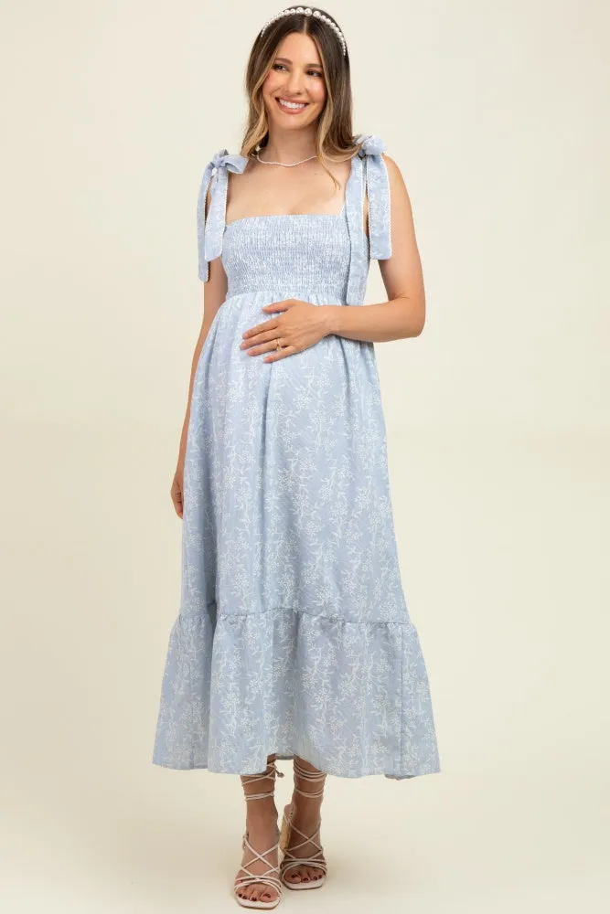 Blue Floral Smocked Shoulder Tie Maternity Midi Dress sold by Pinkblush product image thumbnail 2