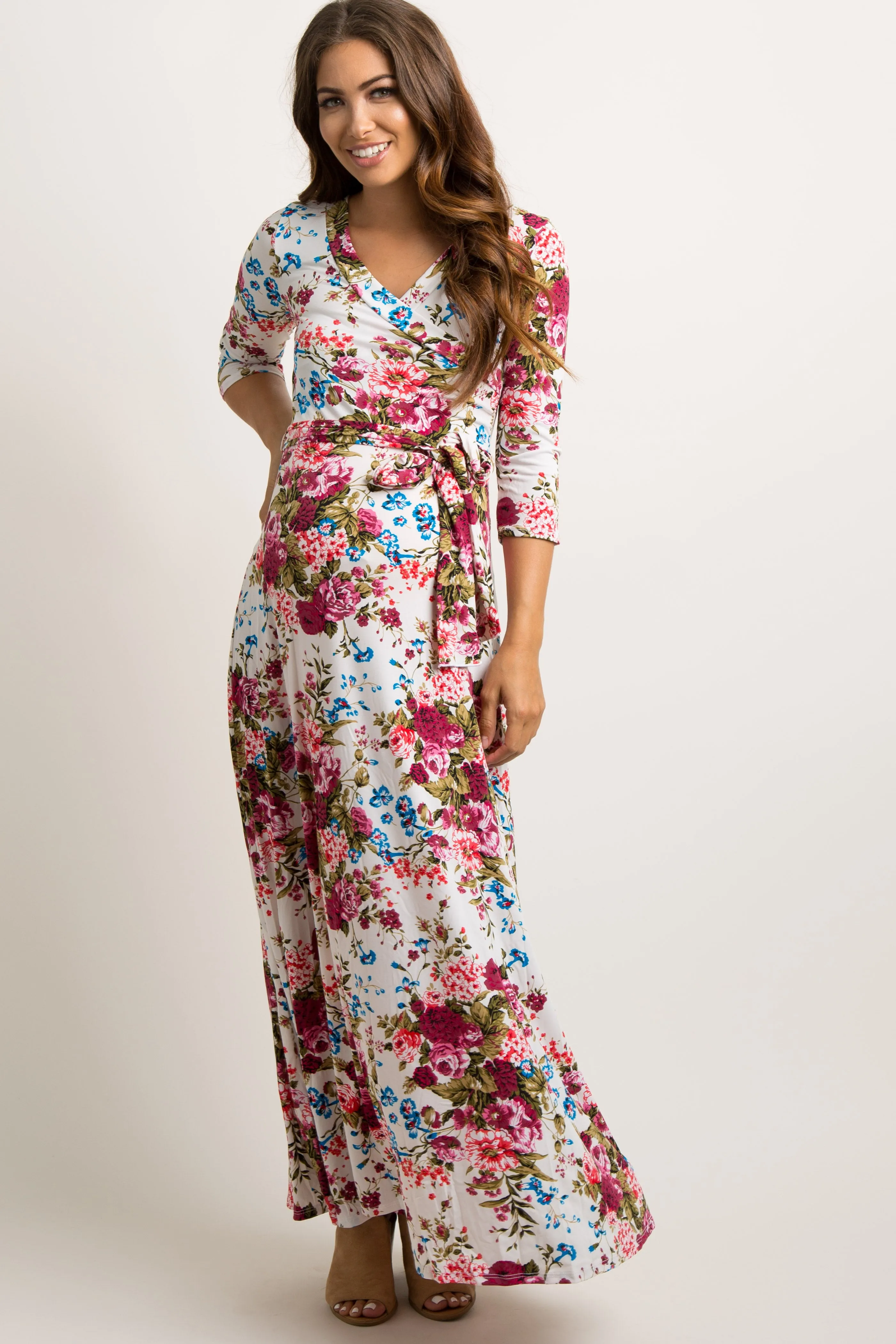 Ivory Floral Draped 3/4 Sleeve Maternity Maxi Dress sold by Pinkblush product image thumbnail 4