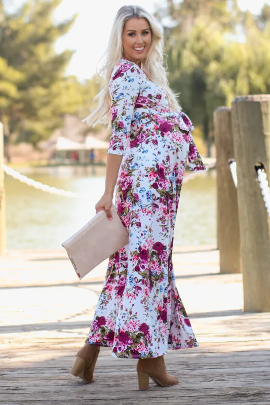 Ivory Floral Draped 3/4 Sleeve Maternity Maxi Dress sold by Pinkblush