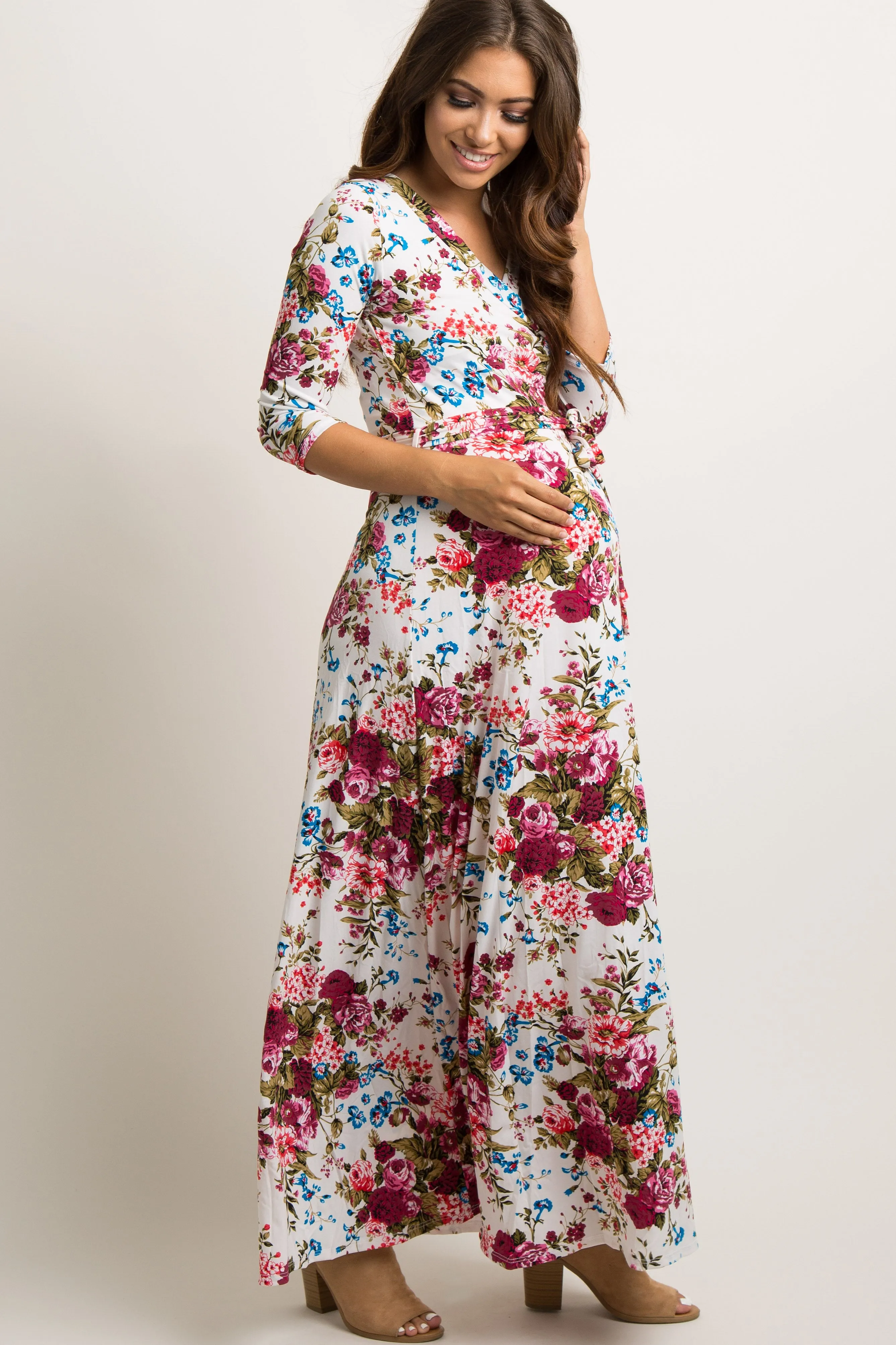 Ivory Floral Draped 3/4 Sleeve Maternity Maxi Dress sold by Pinkblush product image thumbnail 2
