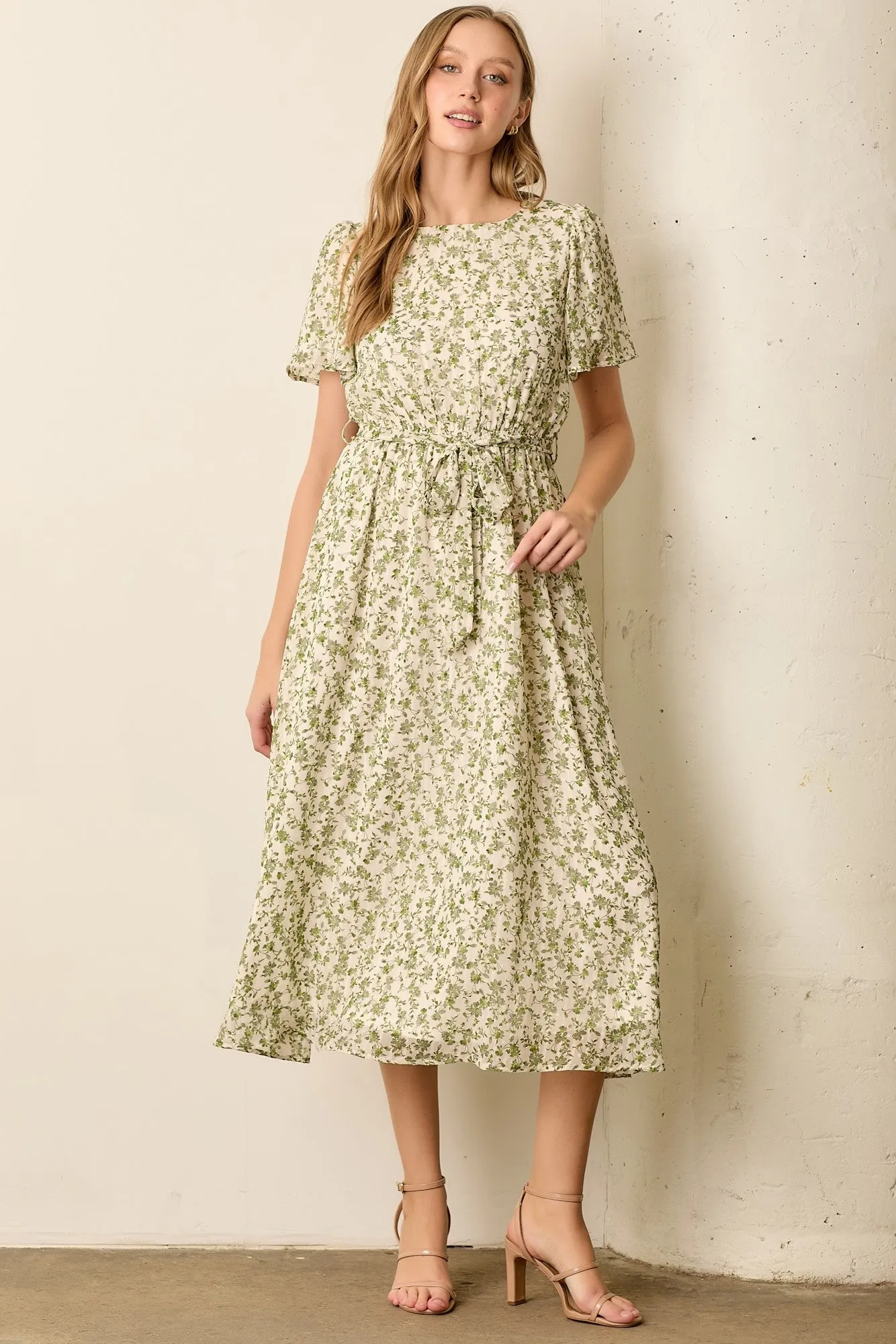 Light Olive Floral Waist Tie Maternity Midi Maxi Dress sold by Pinkblush product image thumbnail 4