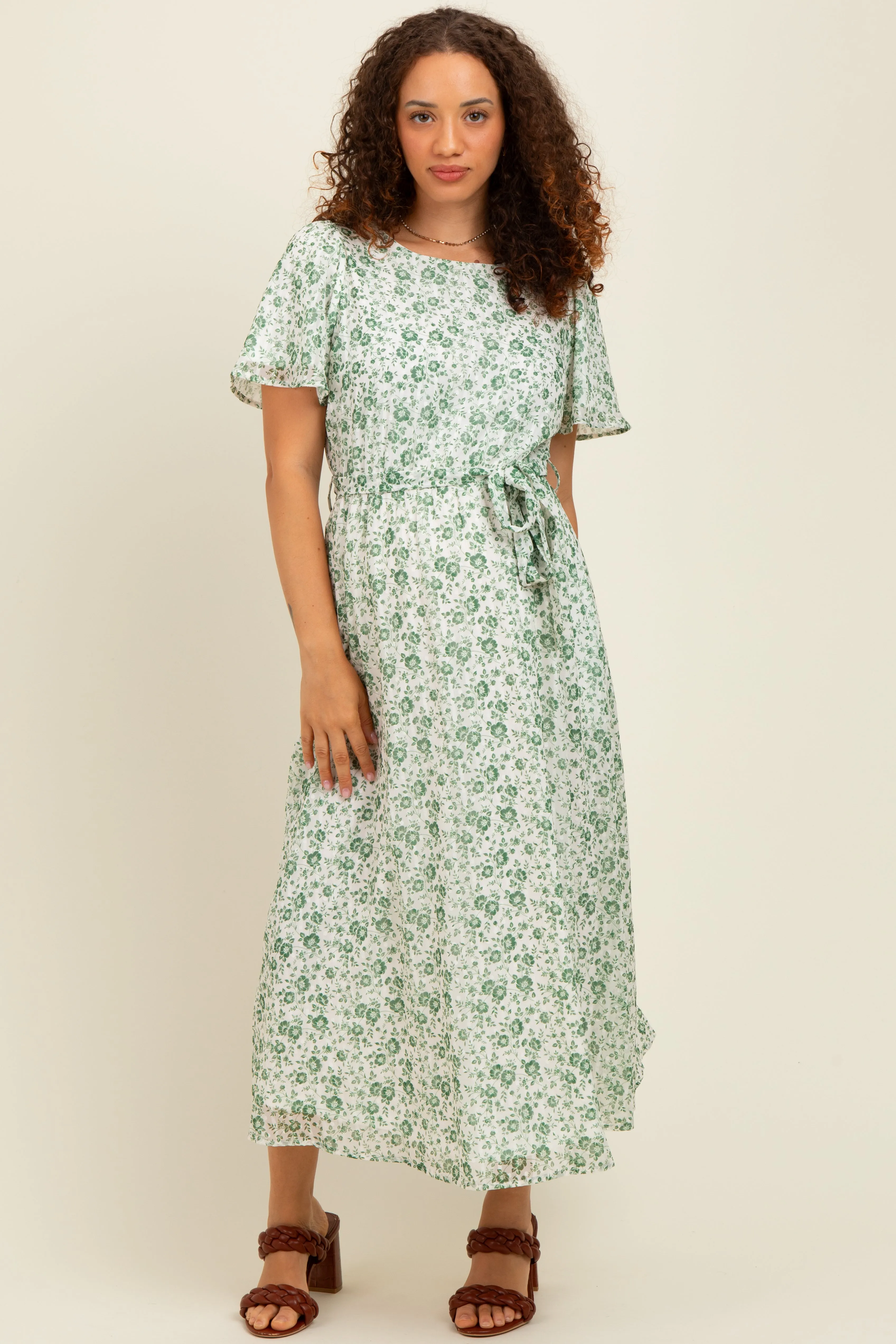 Light Olive Floral Waist Tie Maternity Midi Maxi Dress sold by Pinkblush