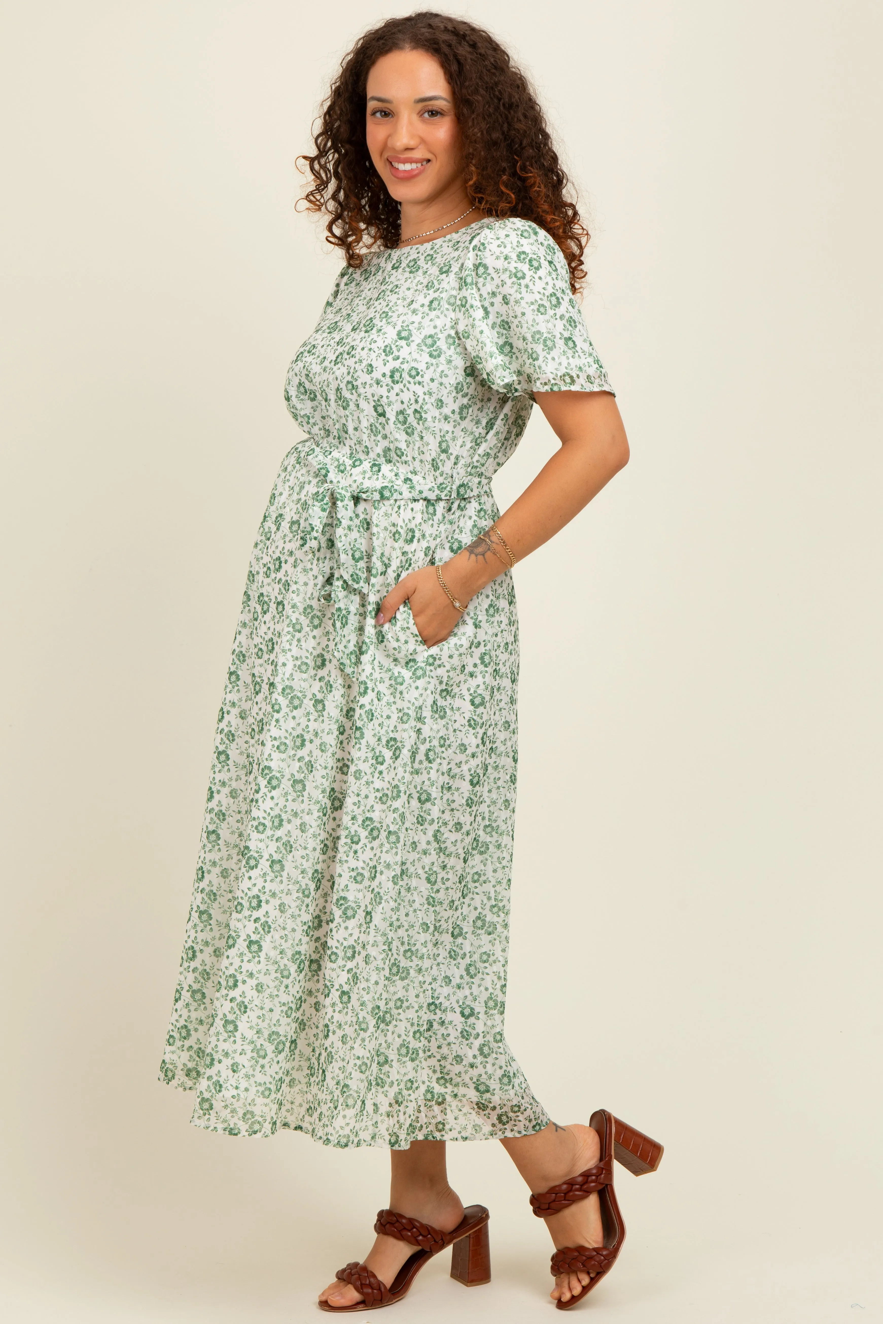 Light Olive Floral Waist Tie Maternity Midi Maxi Dress sold by Pinkblush product image thumbnail 2