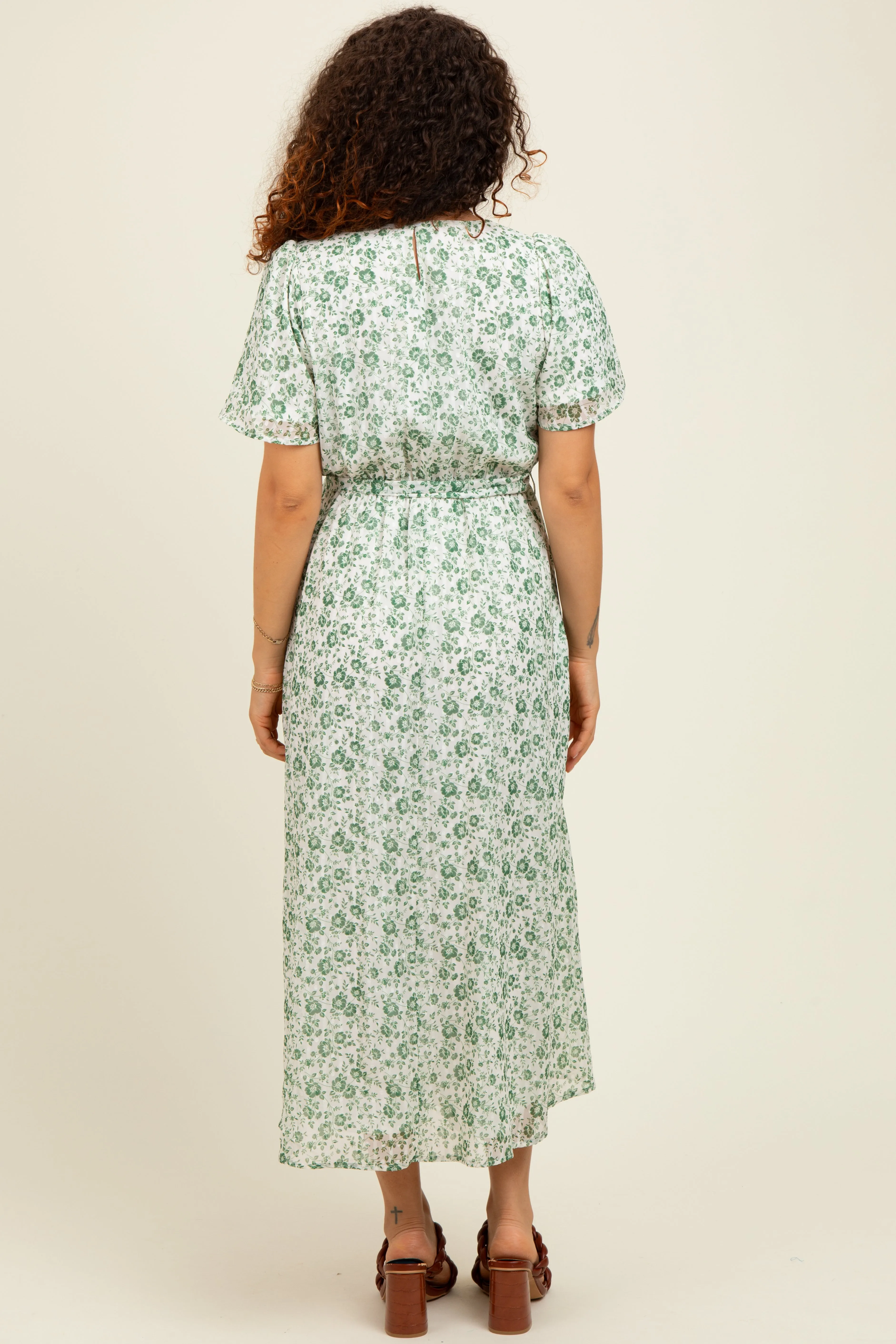 Light Olive Floral Waist Tie Maternity Midi Maxi Dress sold by Pinkblush product image thumbnail 3