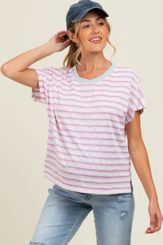 Pink Combo Contrast Neck Band Striped Slub Jersey Maternity T Shirt sold by Pinkblush