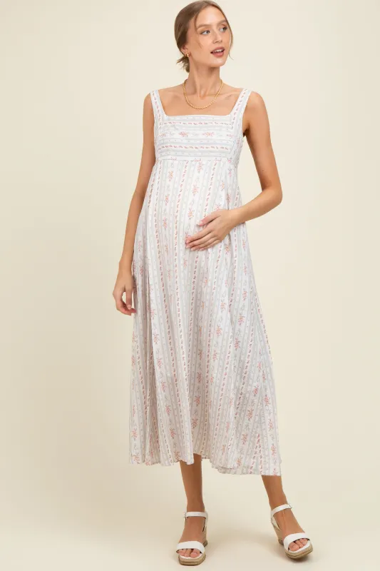Light Gray Cotton Floral Square Neck Sleeveless Maternity Maxi Dress sold by Pinkblush
