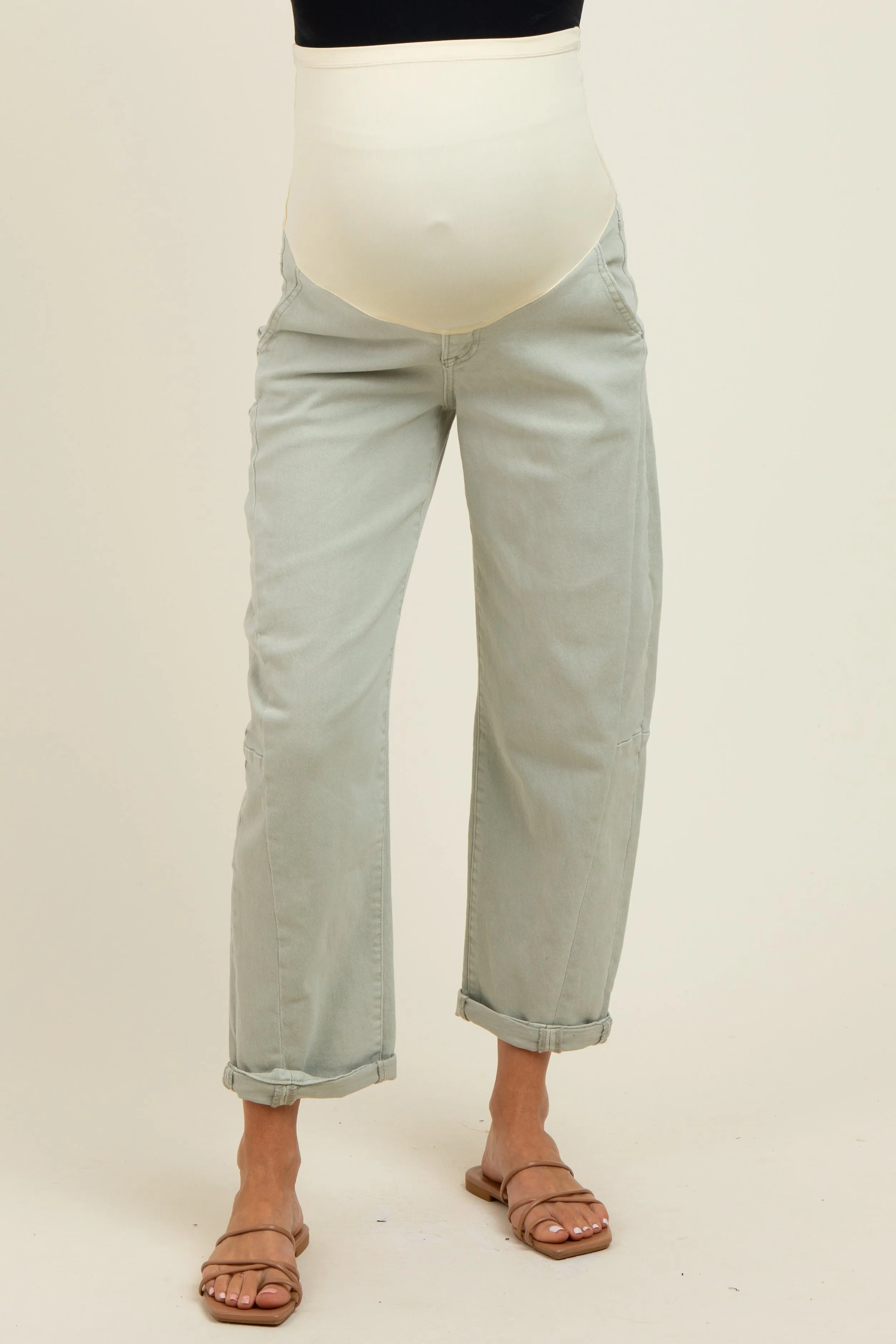 Light Olive Rolled Cuff Barrel Leg Maternity Jeans sold by Pinkblush product image thumbnail 3