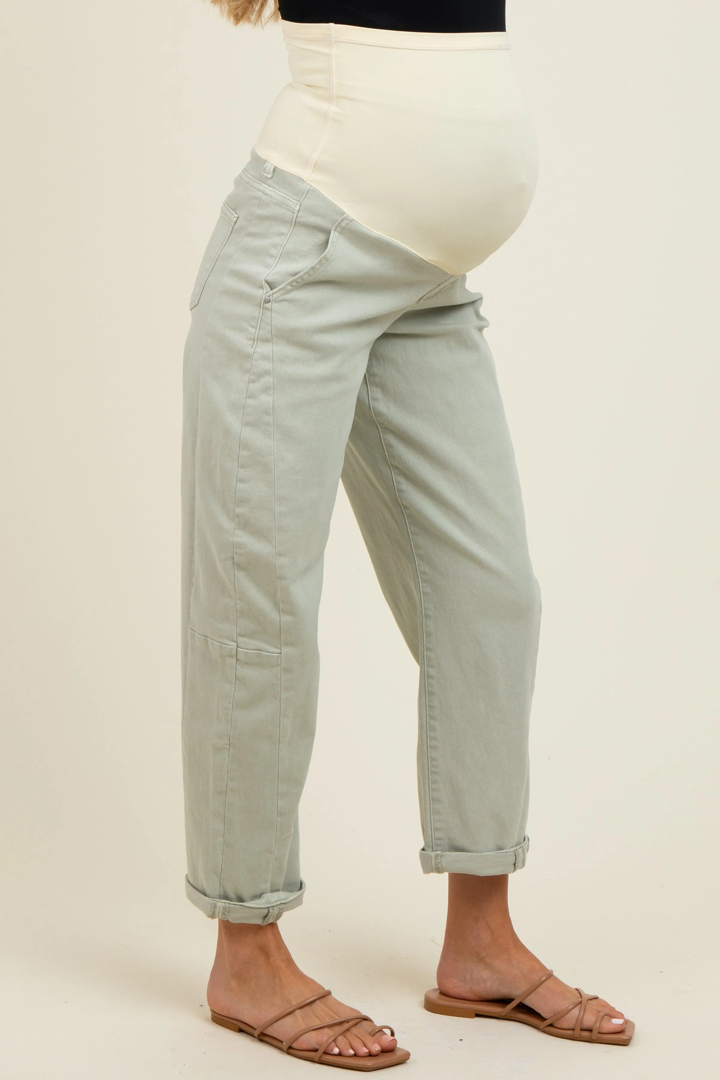 Light Olive Rolled Cuff Barrel Leg Maternity Jeans sold by Pinkblush product image thumbnail 4