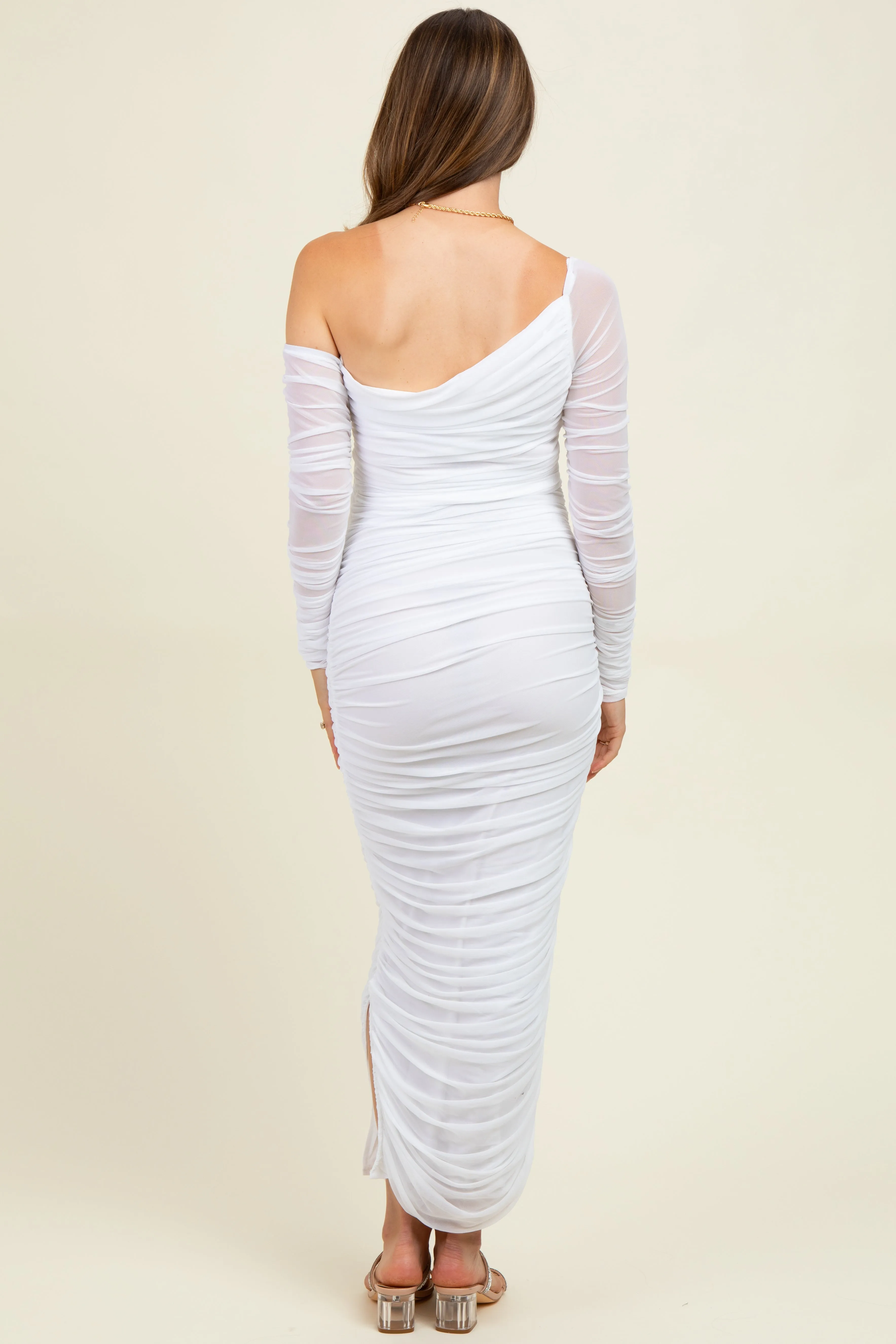 White Ruched Mesh One Shoulder Long Sleeve Maternity Maxi Dress sold by Pinkblush product image thumbnail 4