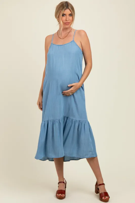 Light Blue Ruffle Hem Cami Maternity Midi Dress sold by Pinkblush
