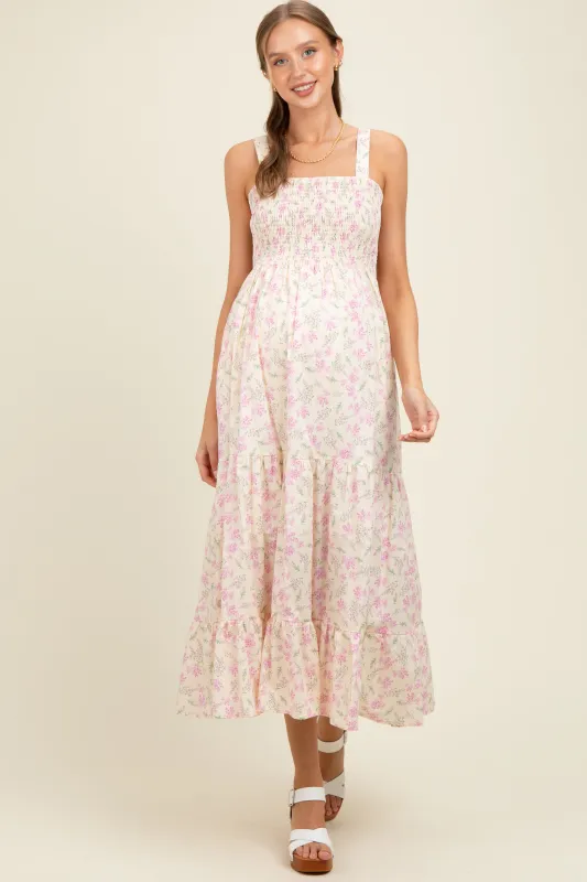 Light Pink Smocked Cotton Floral Sleeveless Maternity Maxi Dress sold by Pinkblush