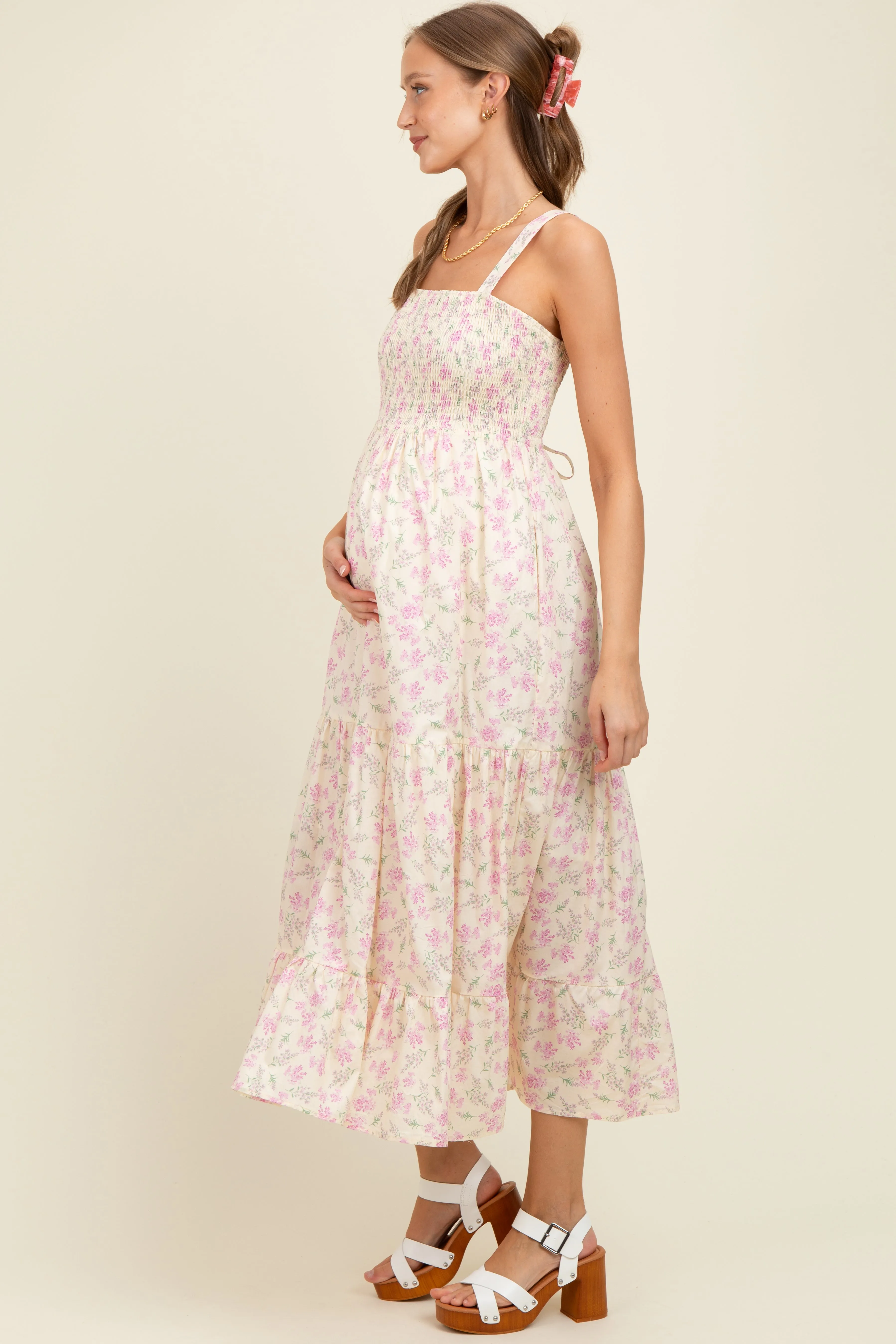 Light Pink Smocked Cotton Floral Sleeveless Maternity Maxi Dress sold by Pinkblush product image thumbnail 2