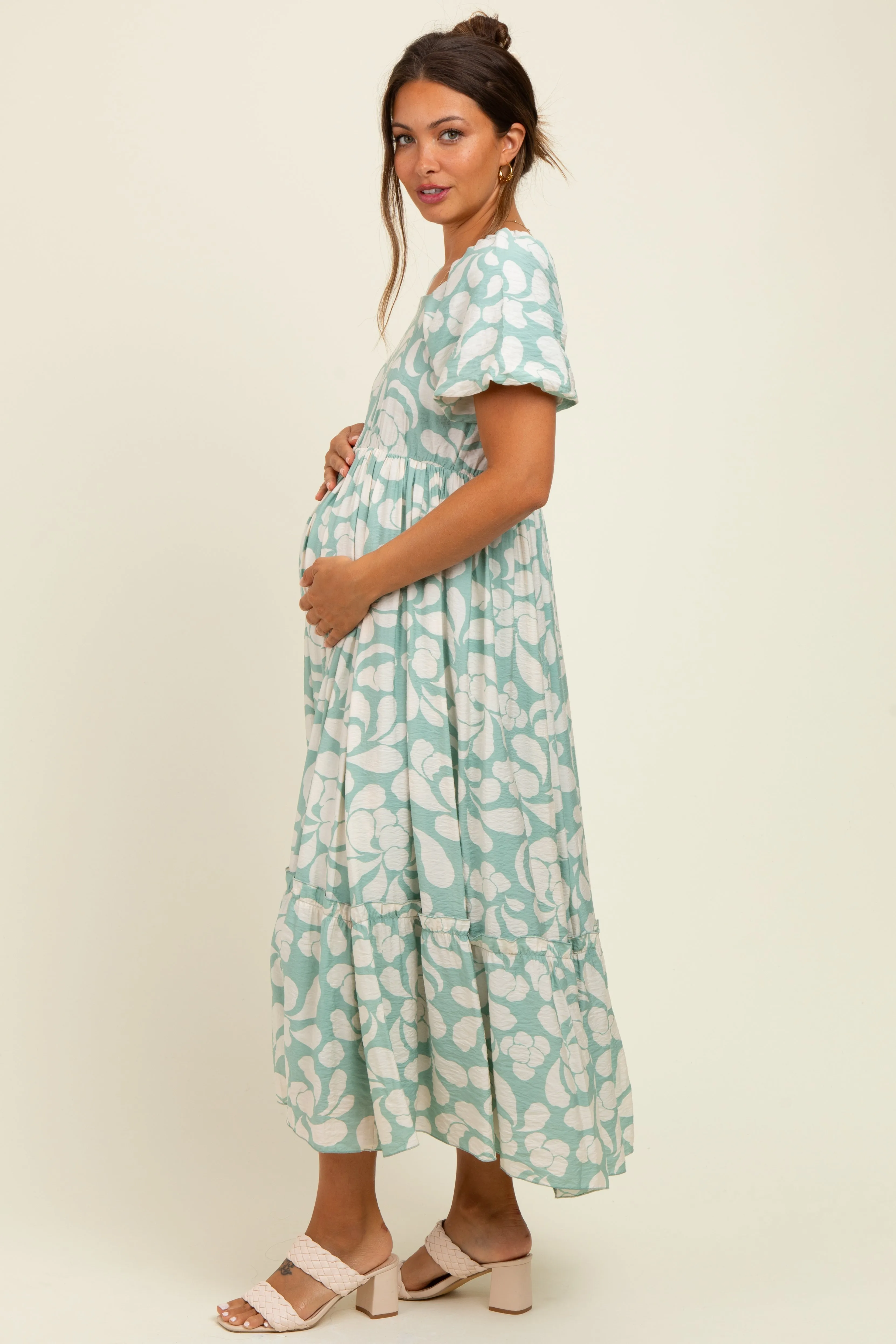Sage Printed Square Neck Bubble Sleeve Maternity Maxi Dress sold by Pinkblush product image thumbnail 2