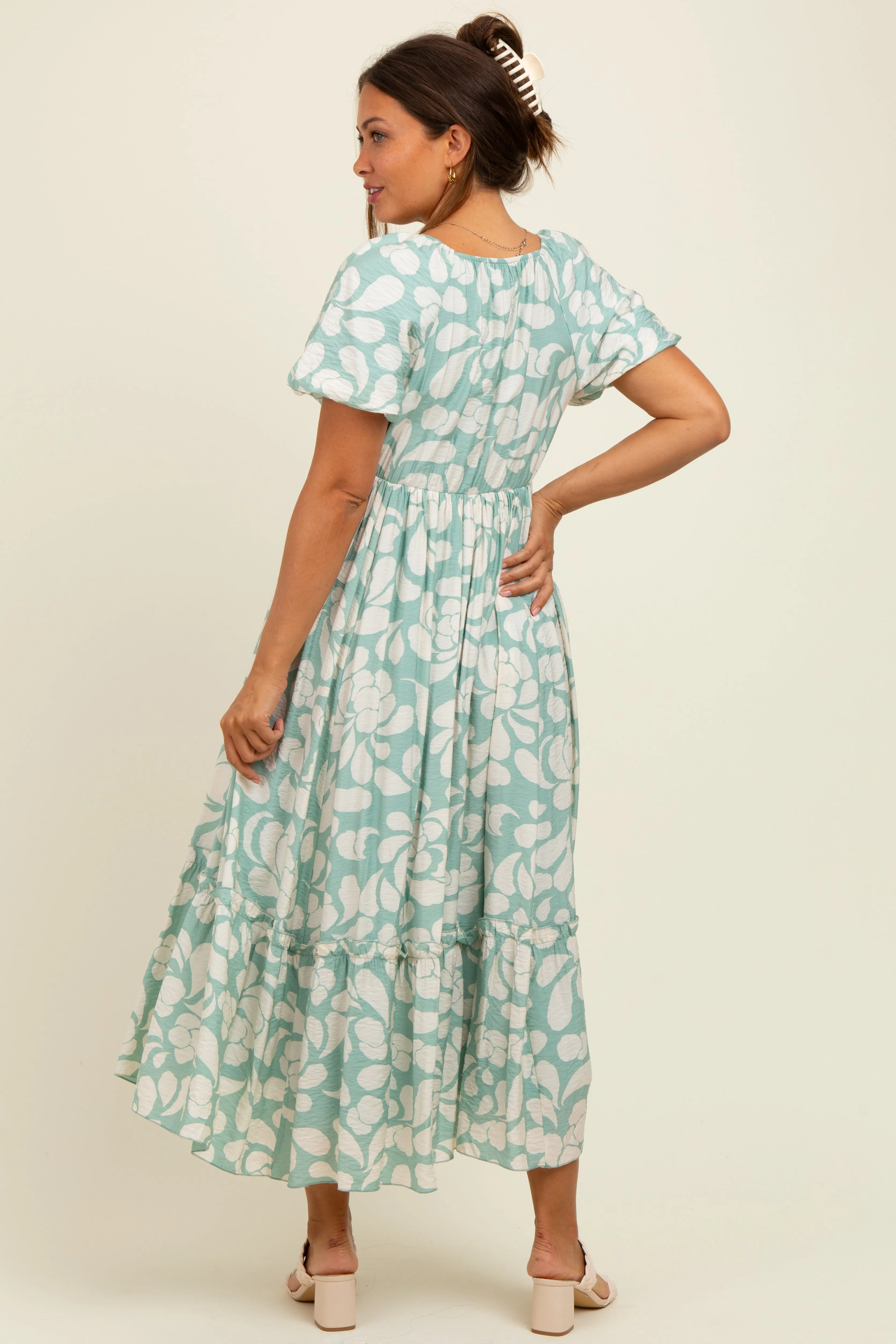 Sage Printed Square Neck Bubble Sleeve Maternity Maxi Dress sold by Pinkblush product image thumbnail 3